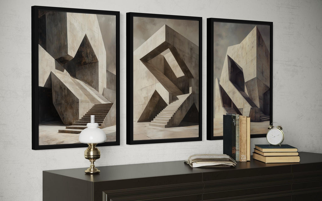 Brutalist Wall Art - Geometric Canvas Set of 3 | Modern Abstract Real Estate Office Decor