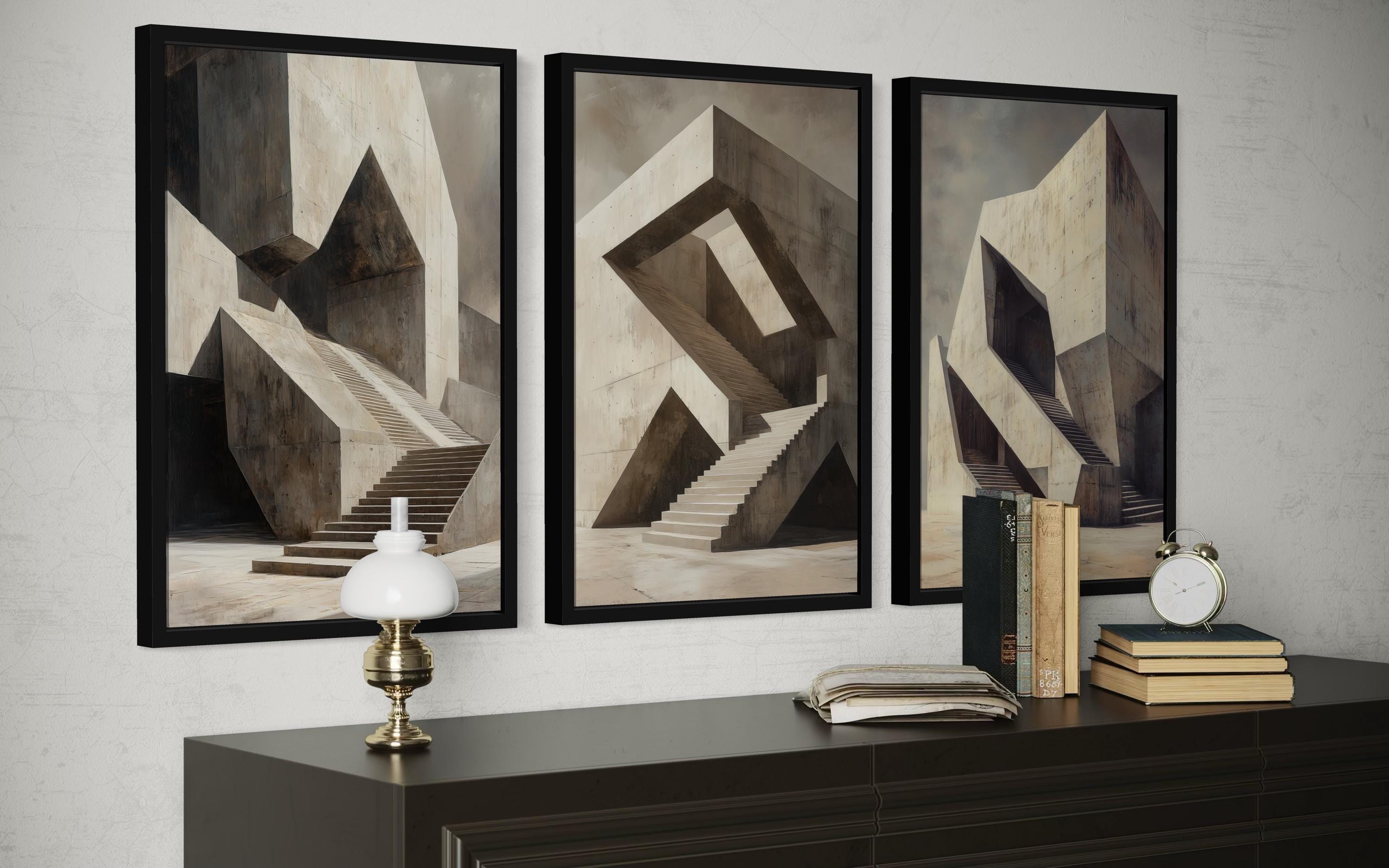 Brutalist Wall Art - Geometric Canvas Set of 3 | Modern Abstract Real Estate Office Decor