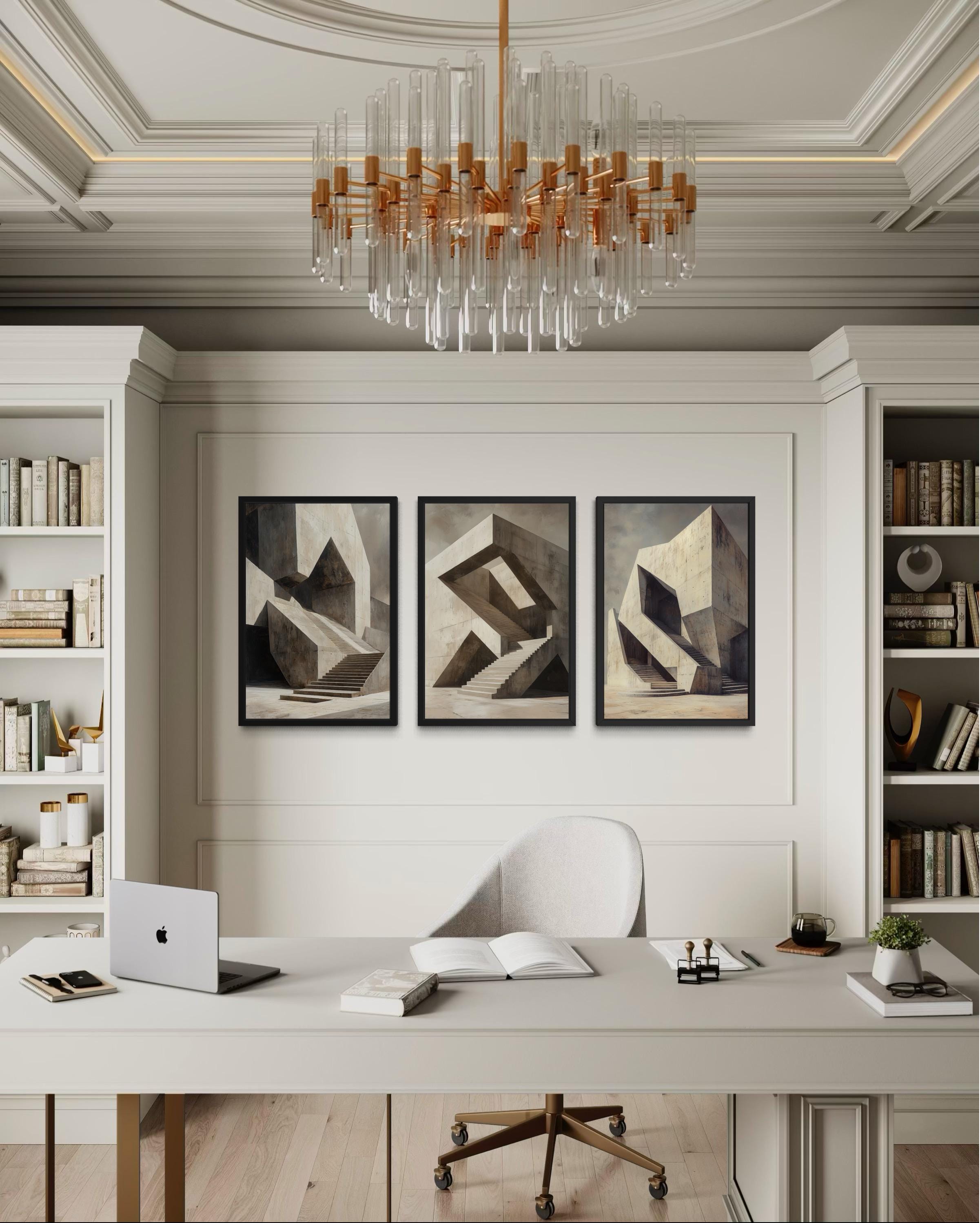 Brutalist Wall Art - Geometric Canvas Set of 3 | Modern Abstract Real Estate Office Decor