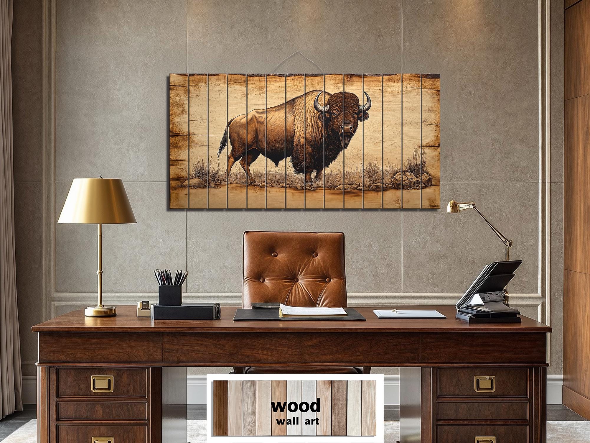 Buffalo Real Wood Wall Art  Western Decor for Office or Man Cave