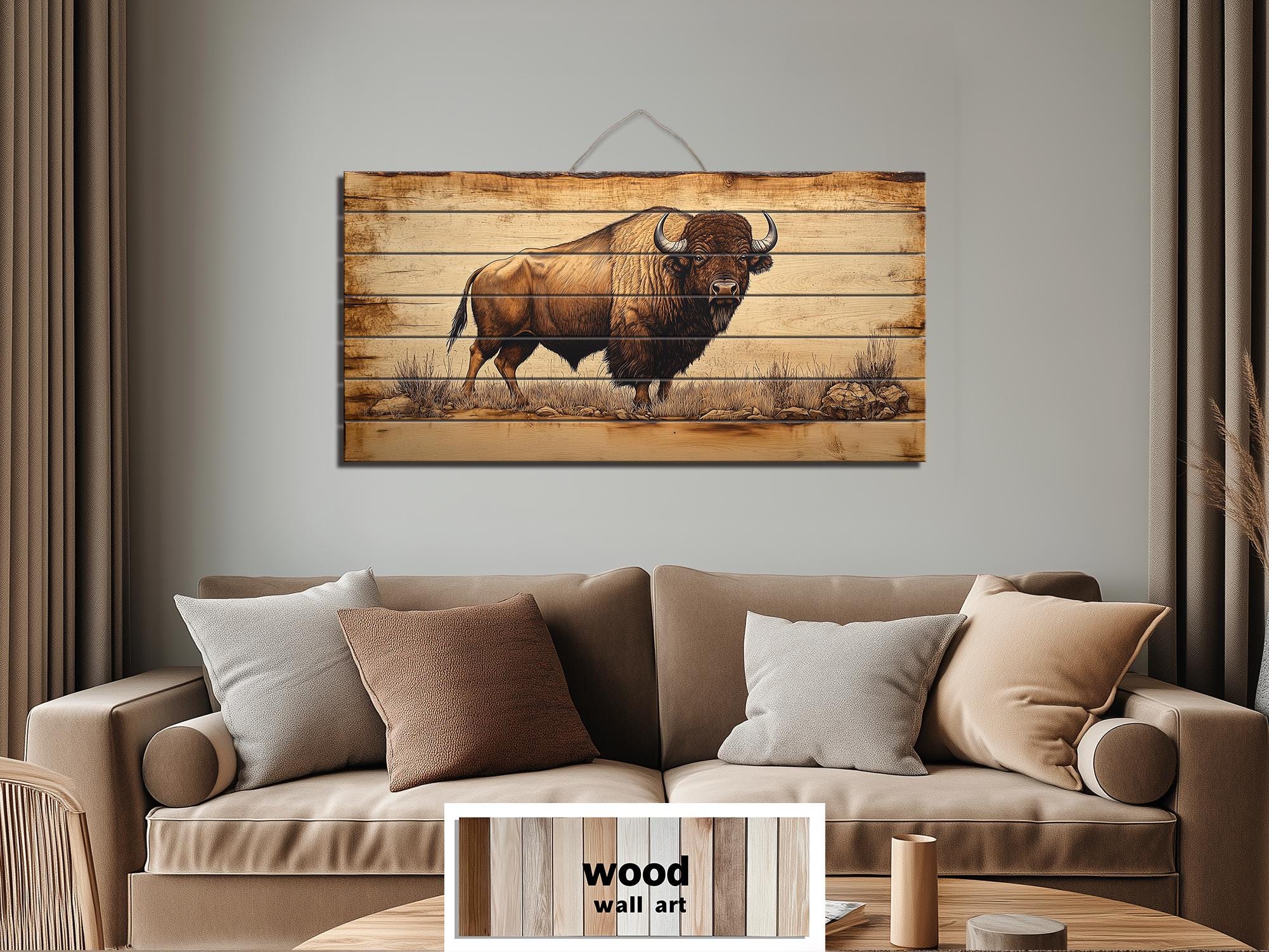 Buffalo Real Wood Wall Art  Western Decor for Office or Man Cave
