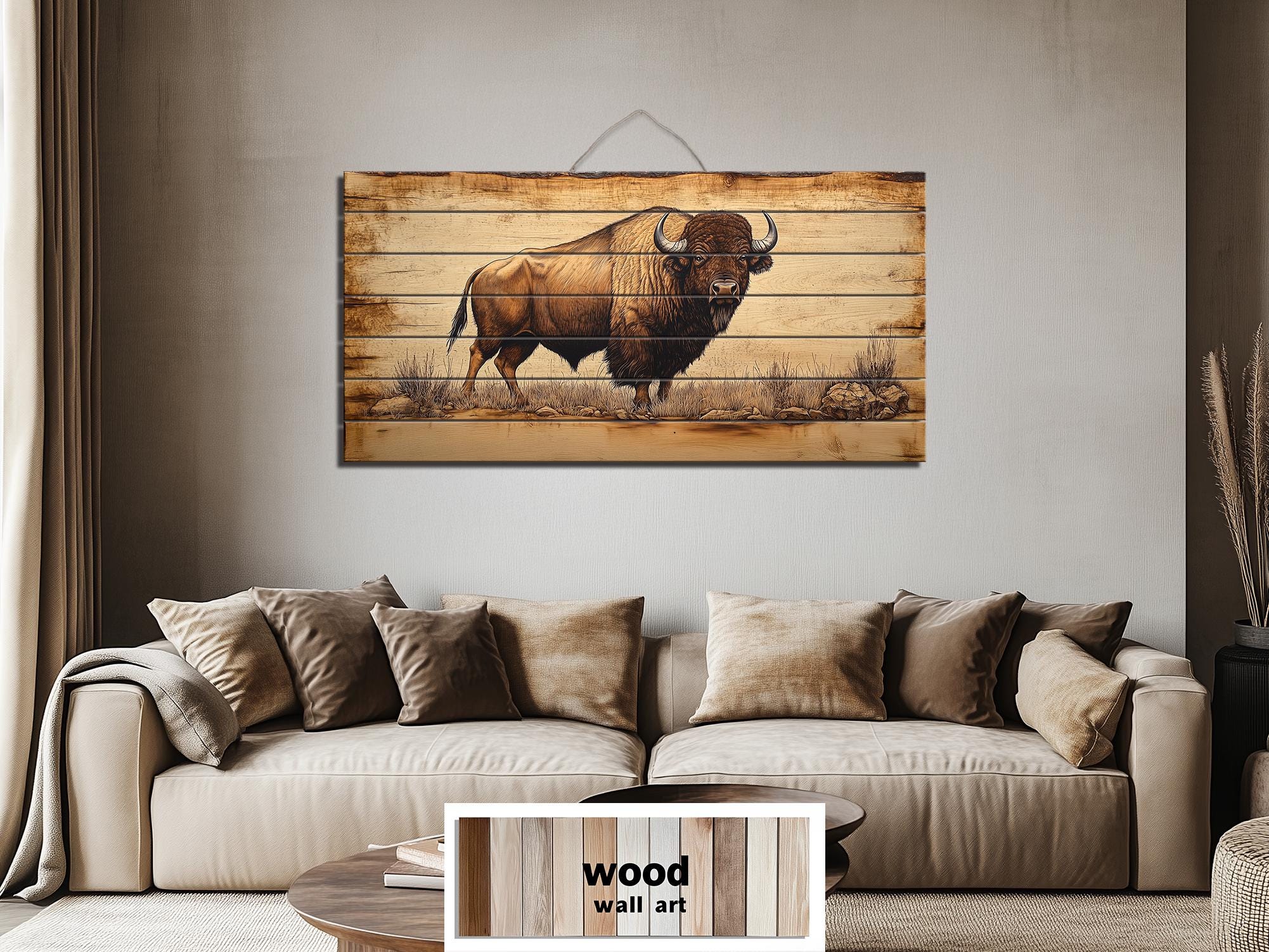 Buffalo Real Wood Wall Art  Western Decor for Office or Man Cave