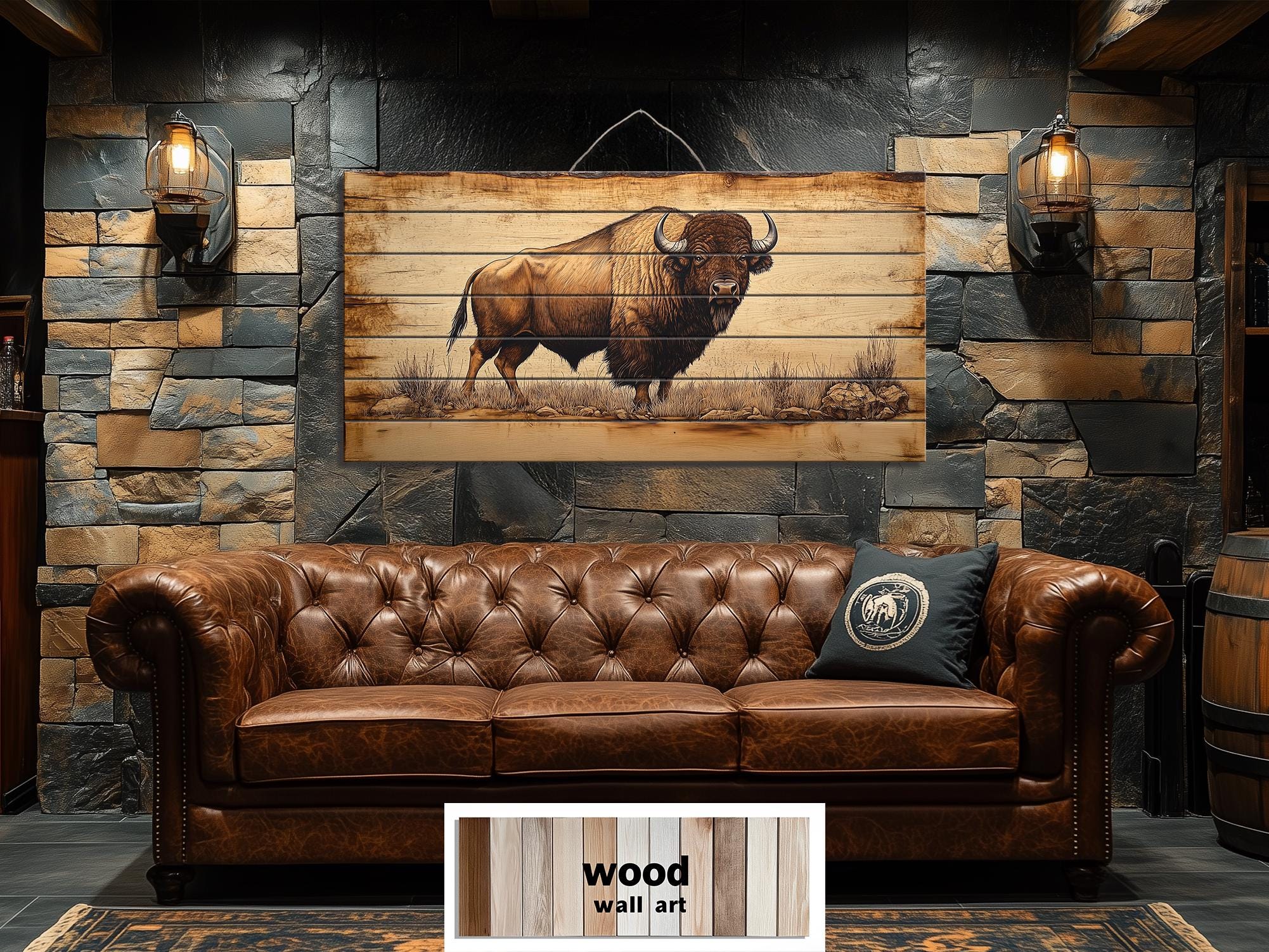 Buffalo Real Wood Wall Art  Western Decor for Office or Man Cave