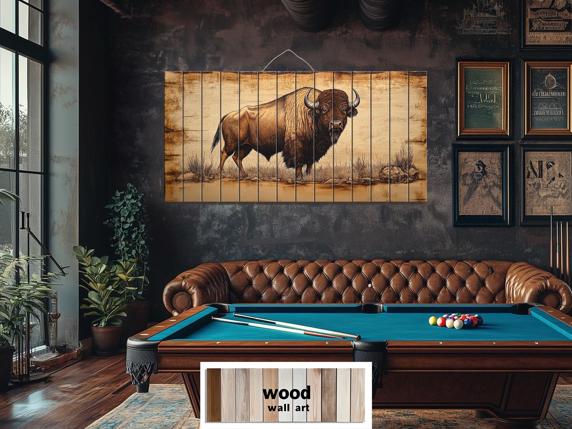 Buffalo Real Wood Wall Art  Western Decor for Office or Man Cave