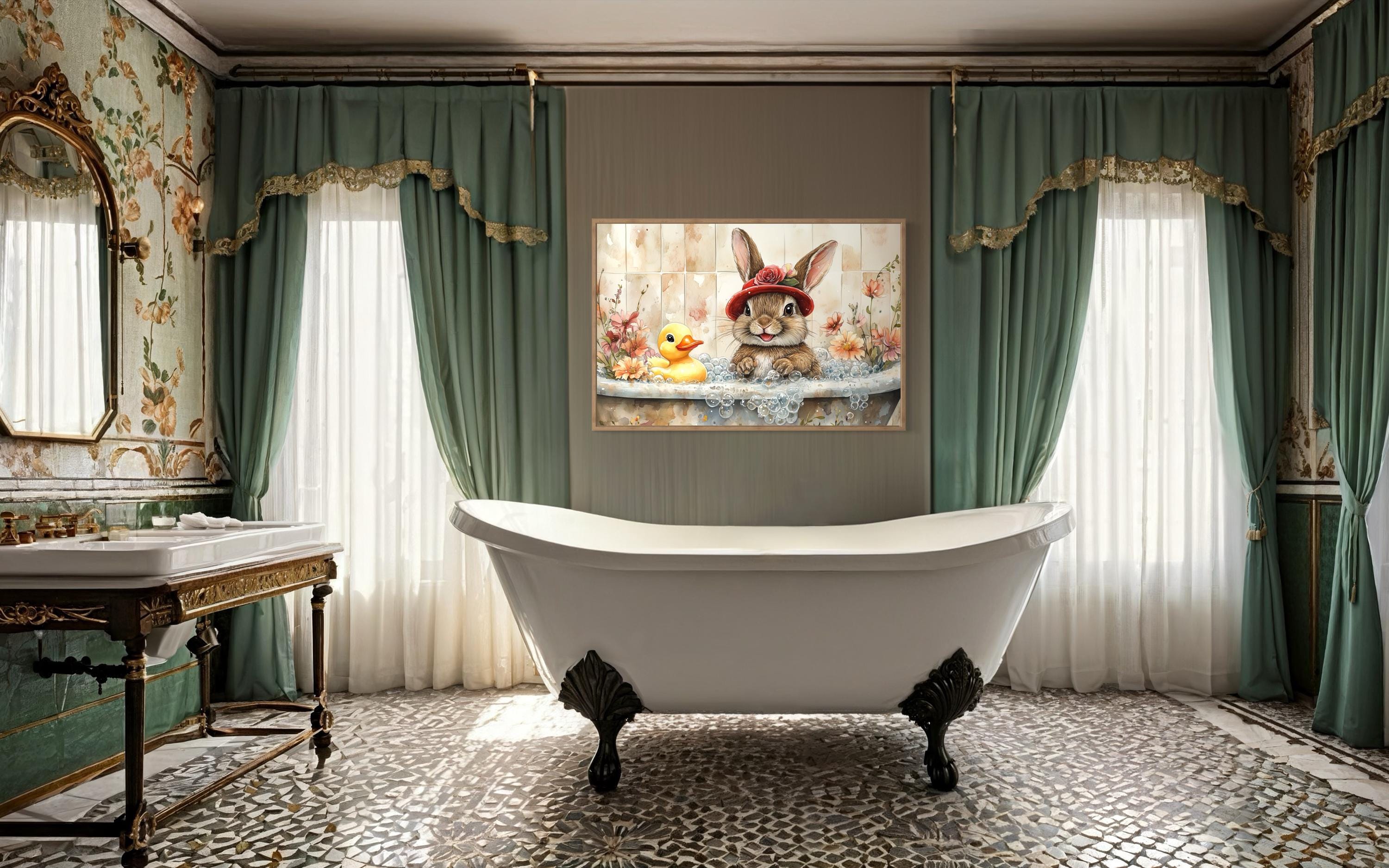 Bunny In Bathtub Framed Canvas Wall Art