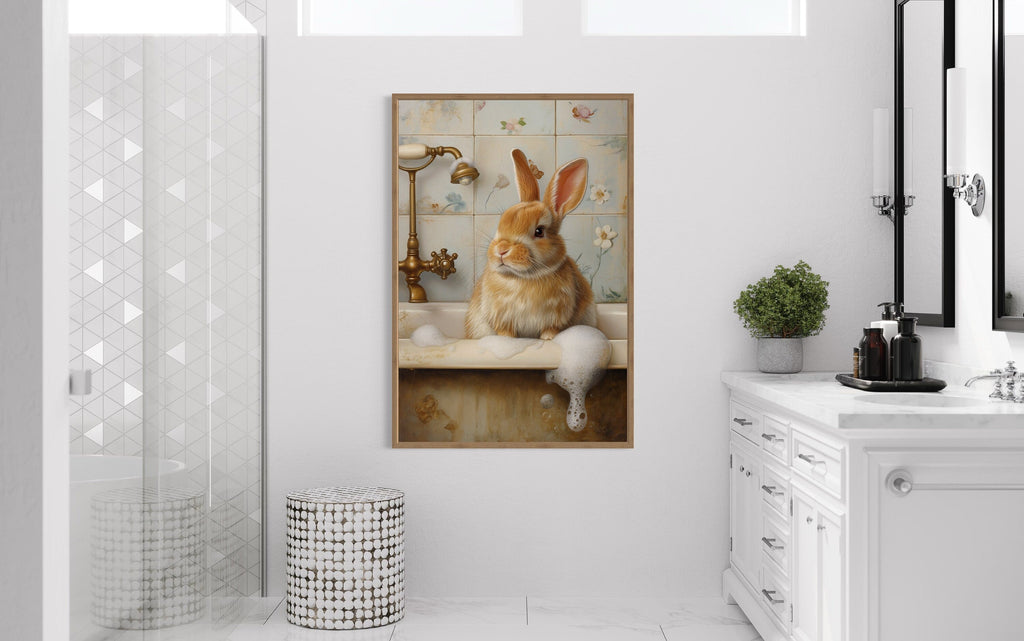 Bunny In The Bathtub Framed Canvas Wall Art