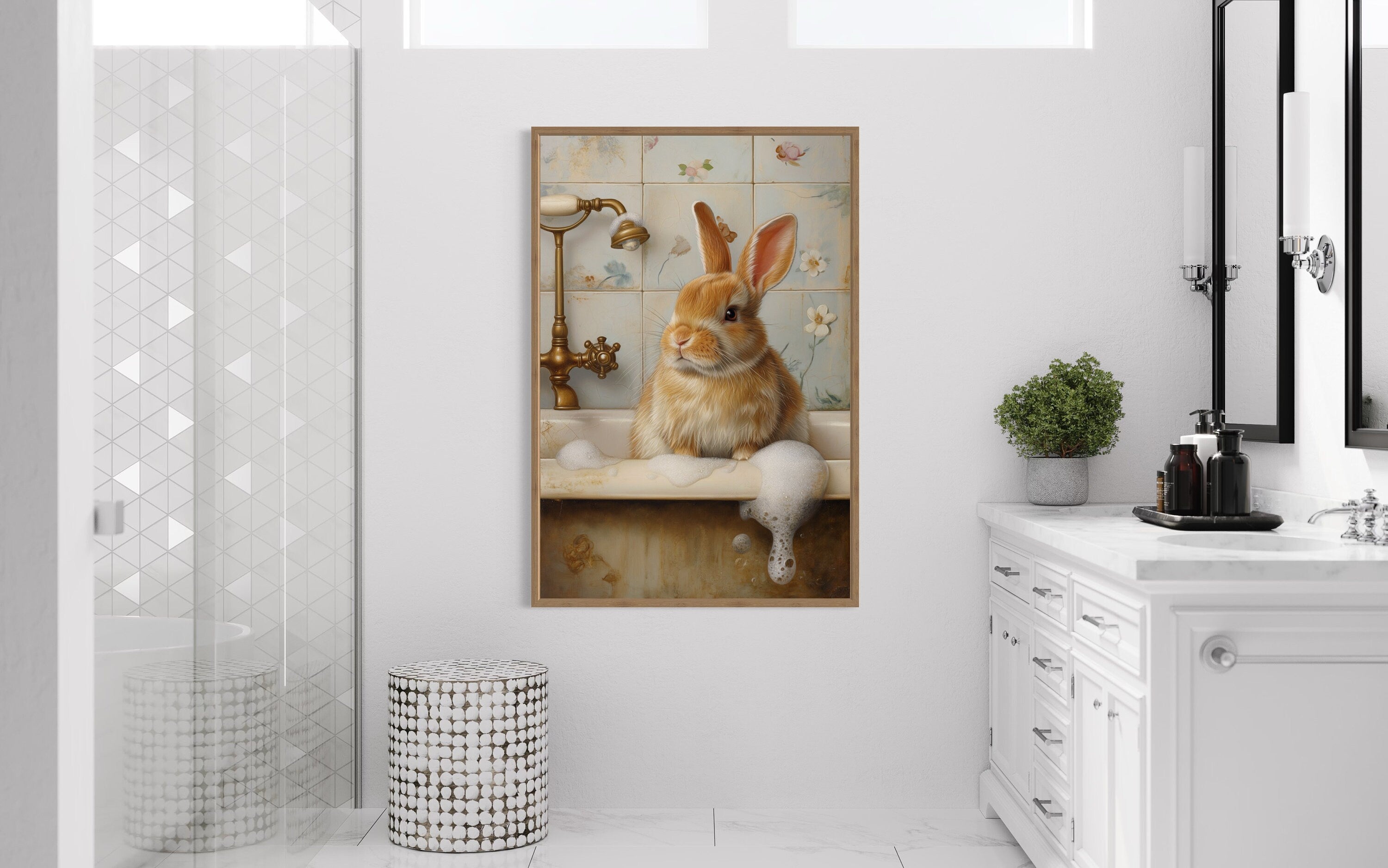 Bunny In The Bathtub Framed Canvas Wall Art