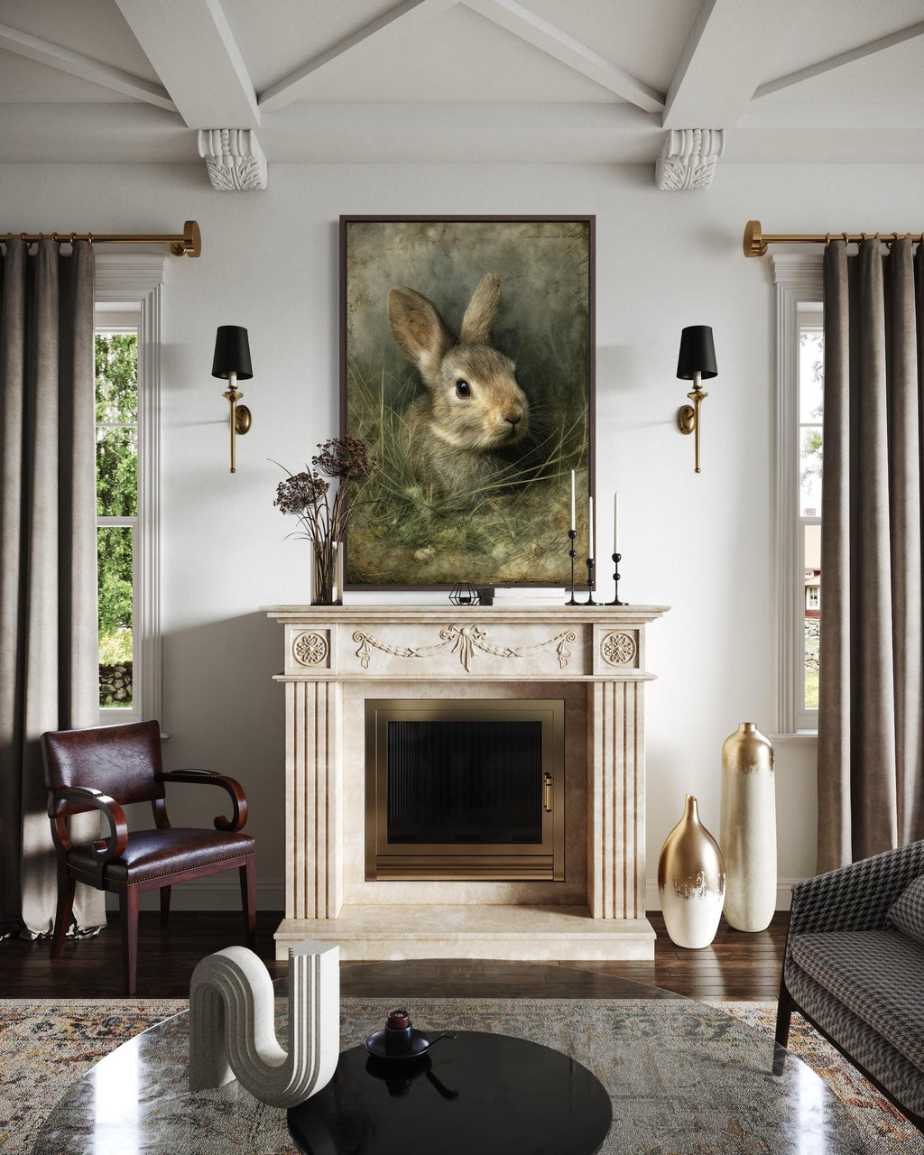\Bunny Wall Art - Vintage Rabbit Portrait on Canvas with Floating Frame Option