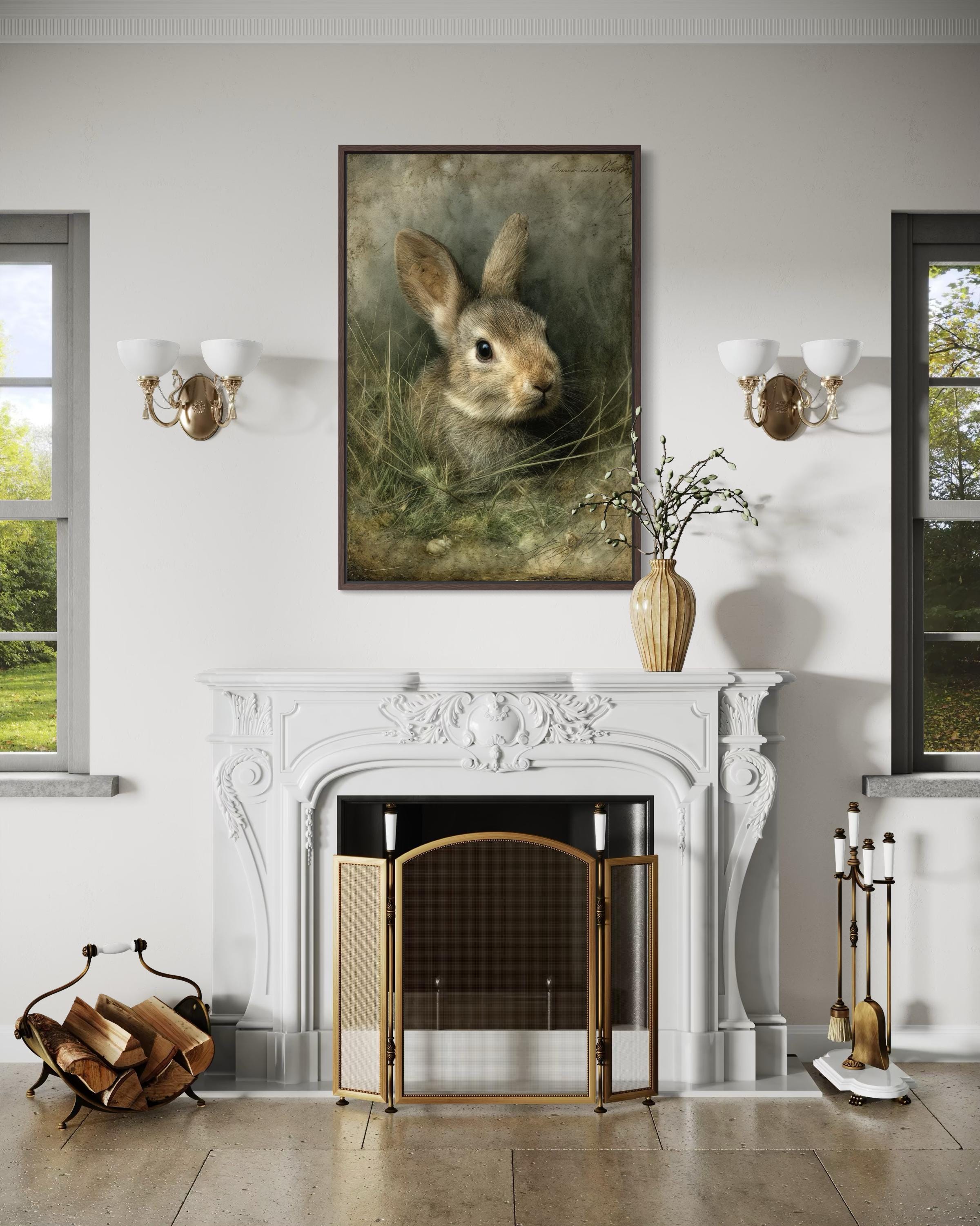 \Bunny Wall Art - Vintage Rabbit Portrait on Canvas with Floating Frame Option