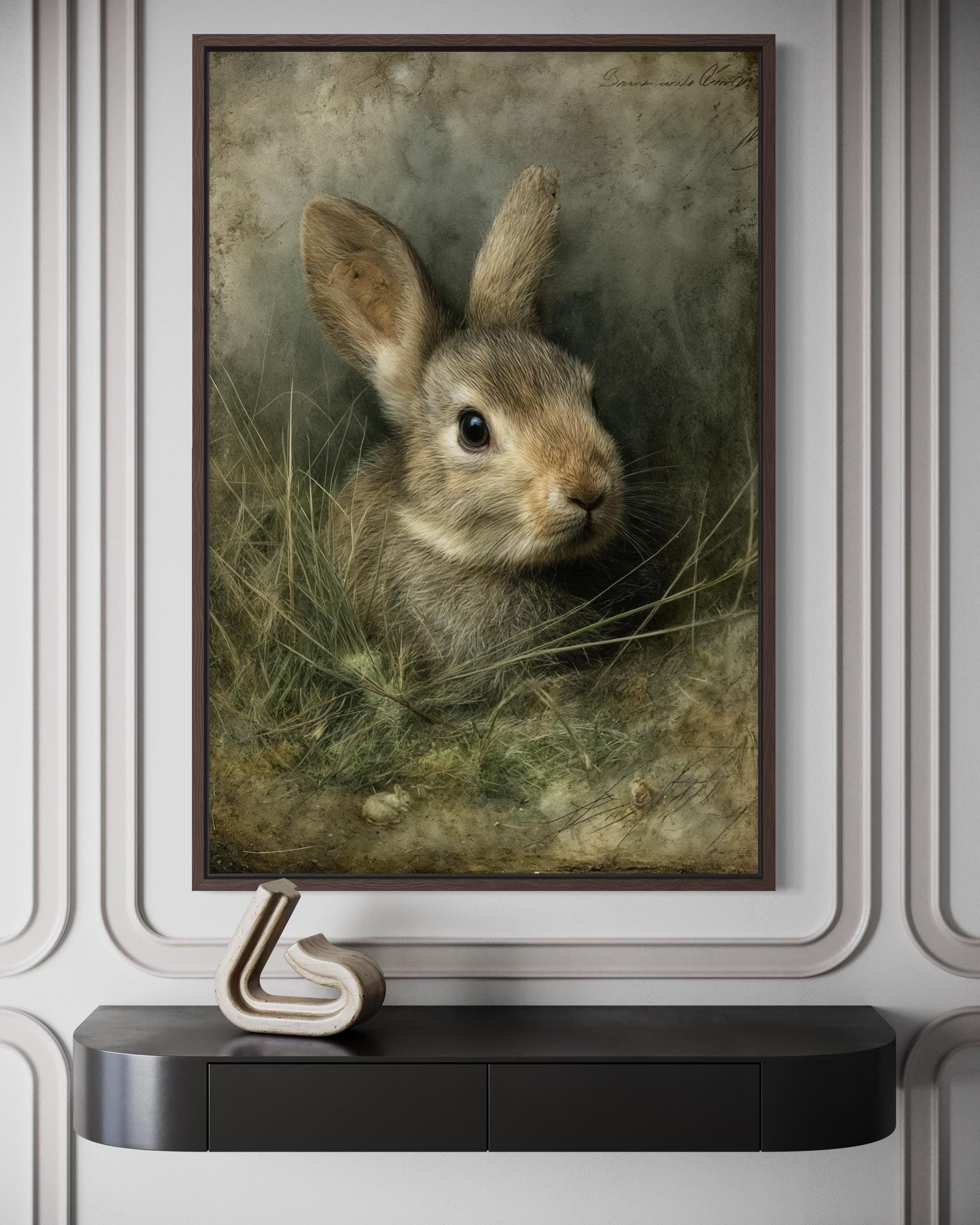 \Bunny Wall Art - Vintage Rabbit Portrait on Canvas with Floating Frame Option