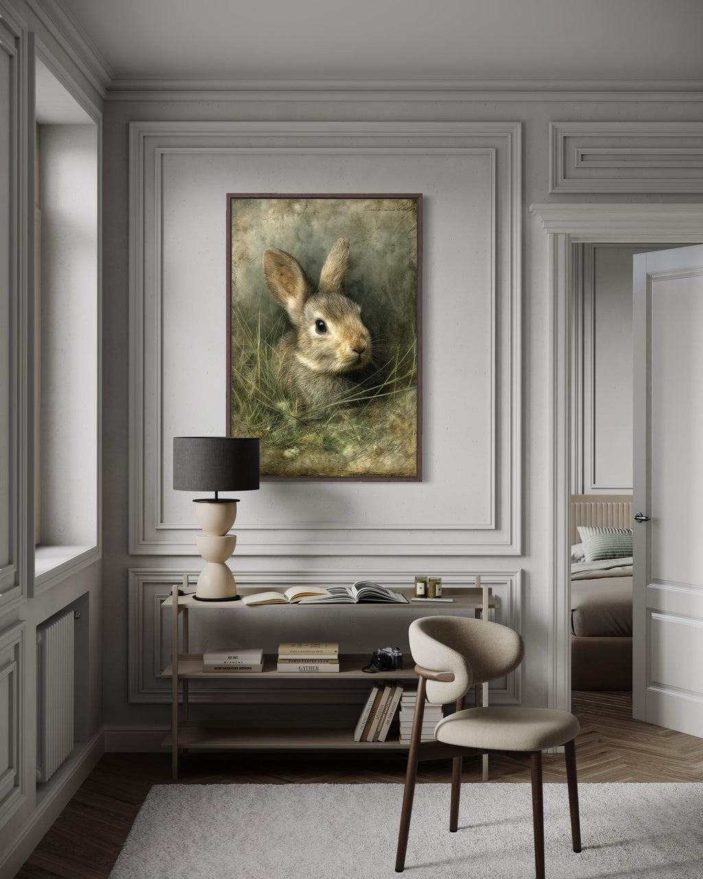 \Bunny Wall Art - Vintage Rabbit Portrait on Canvas with Floating Frame Option