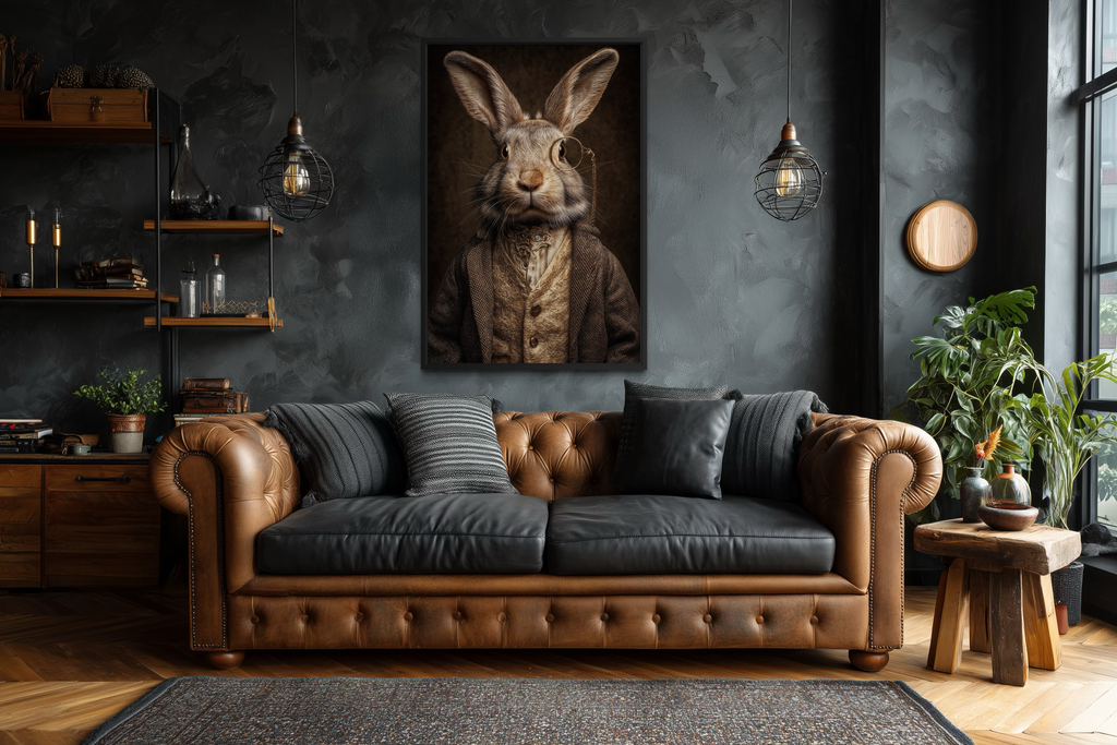 Bunny With Monocle Framed Canvas Wall Art