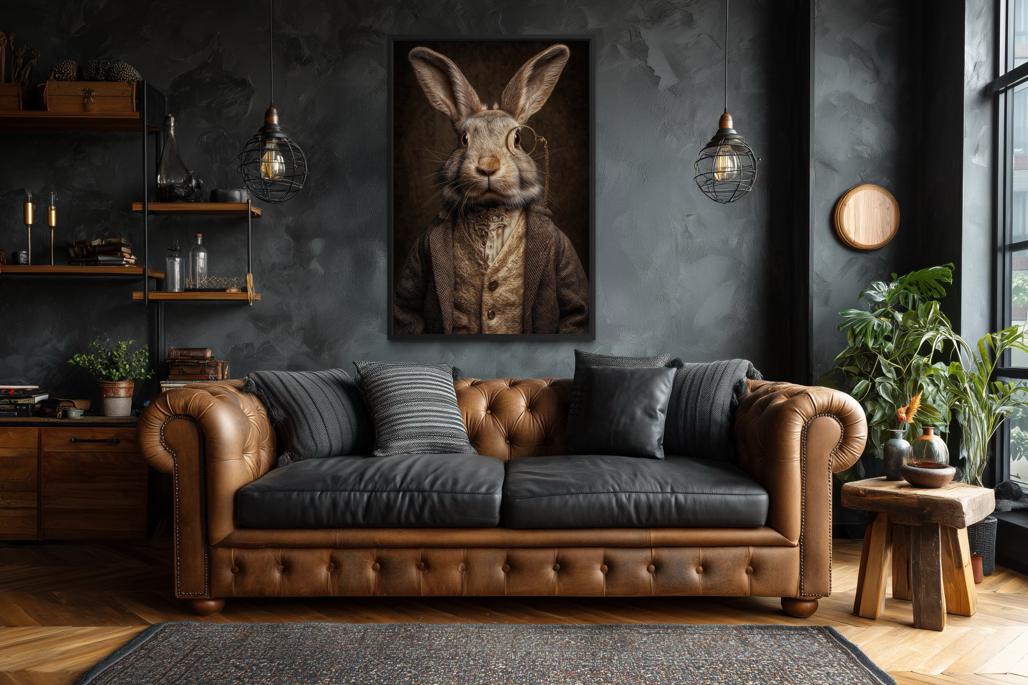 Bunny With Monocle Framed Canvas Wall Art