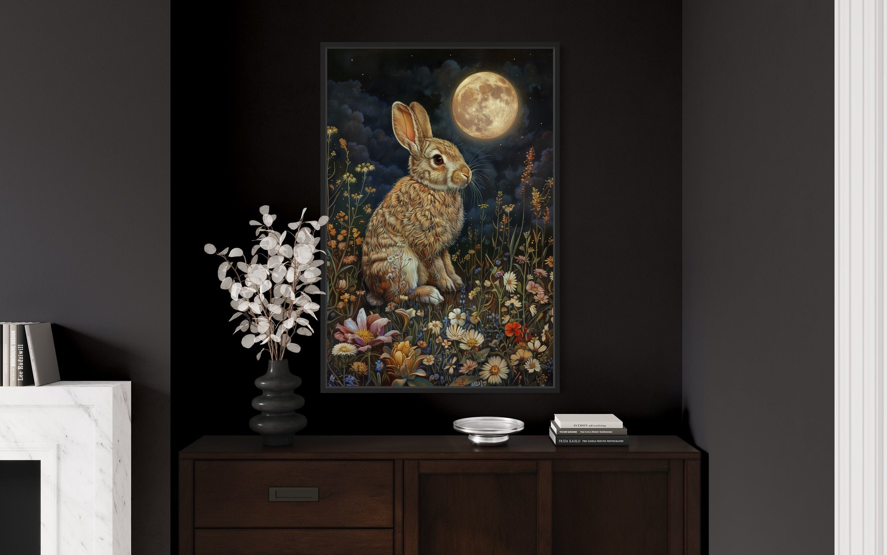 Bunny on The Meadow Under The Moon Moody Cottagecore Decor