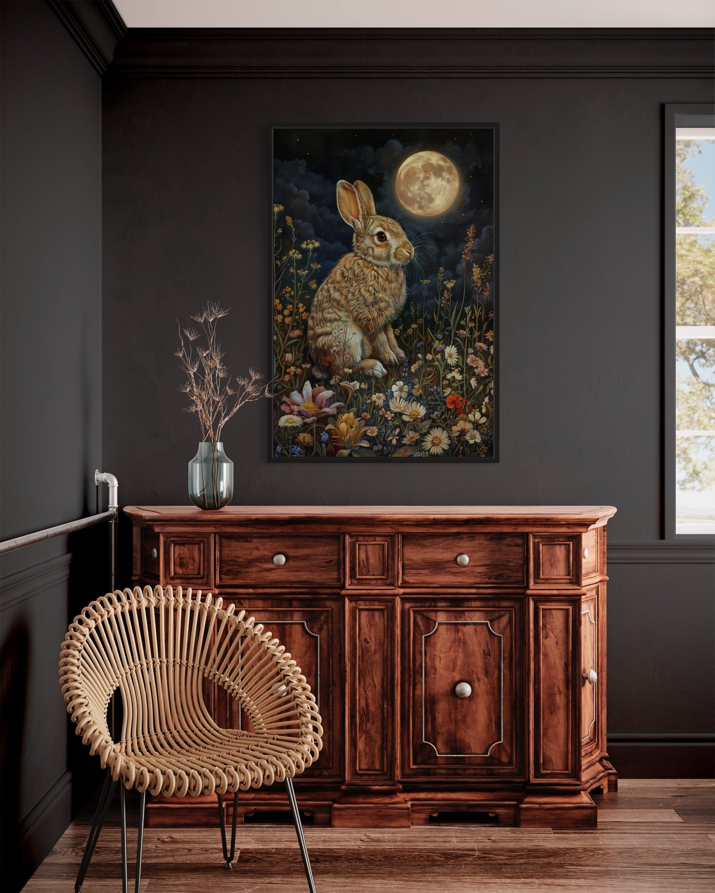Bunny on The Meadow Under The Moon Moody Cottagecore Decor