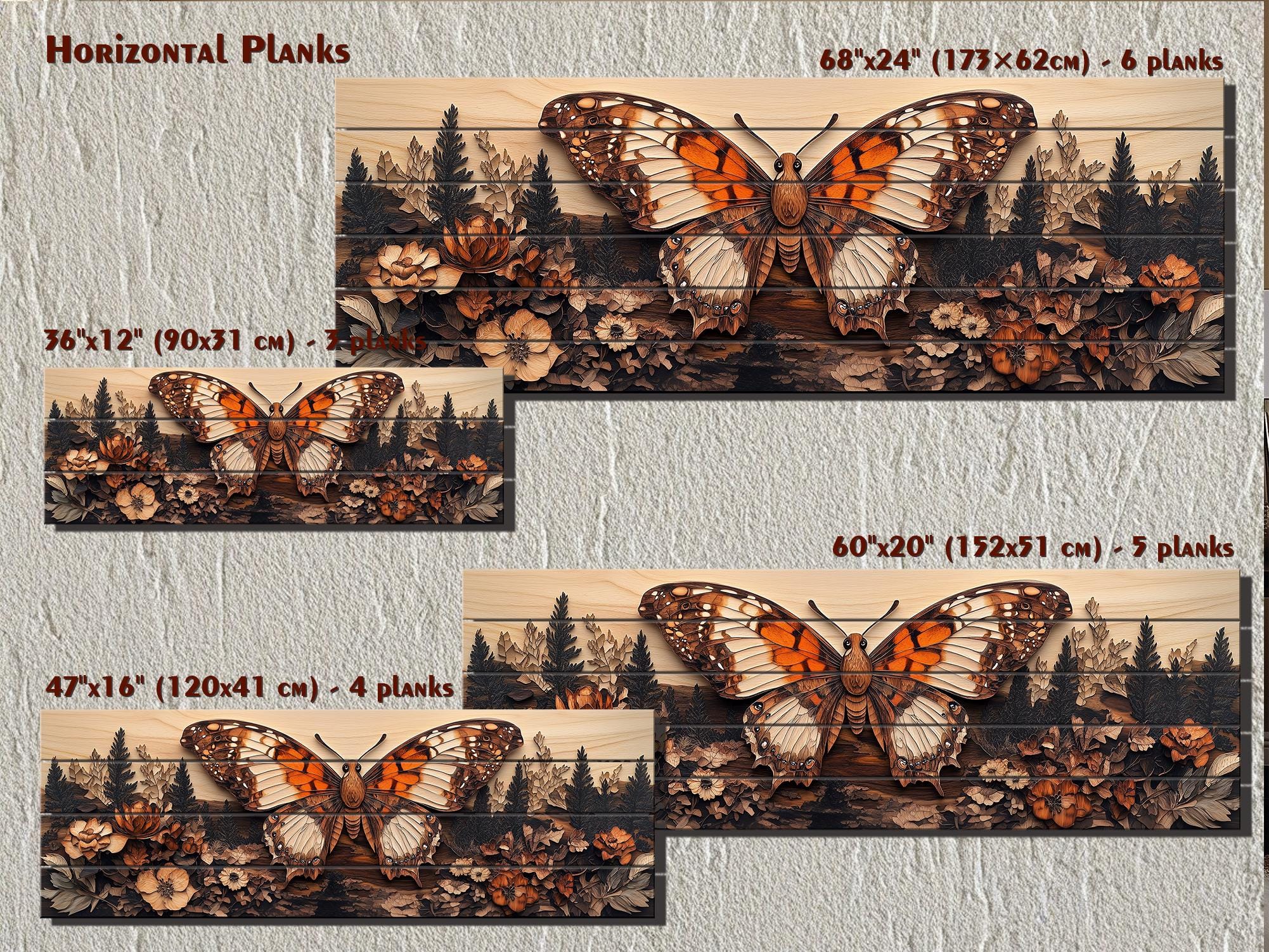 Butterfly and Distressed Rustic Wood Wall Art - Long Horizontal Print for Cabin Cottagecore Decor