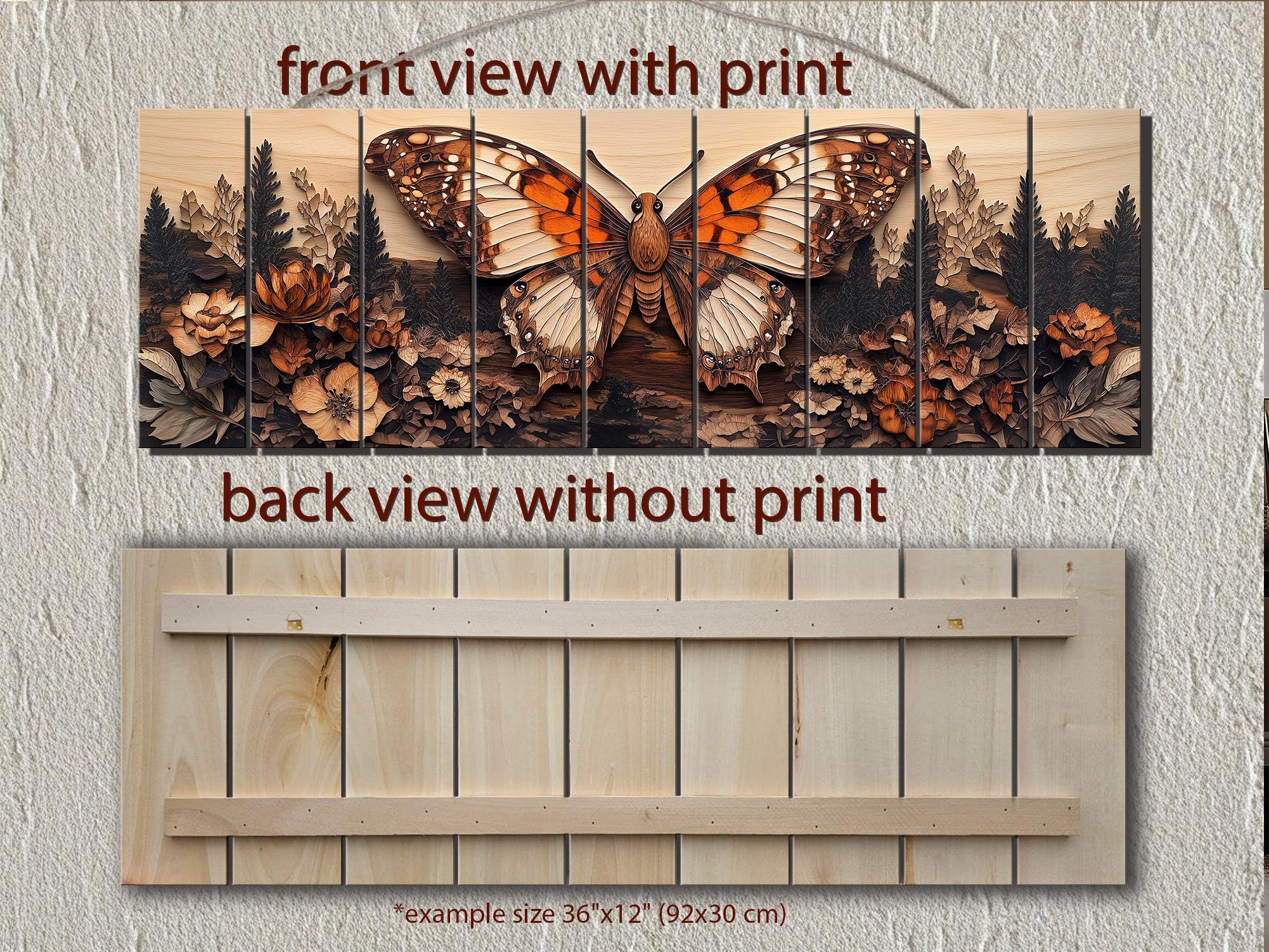 Butterfly and Distressed Rustic Wood Wall Art - Long Horizontal Print for Cabin Cottagecore Decor