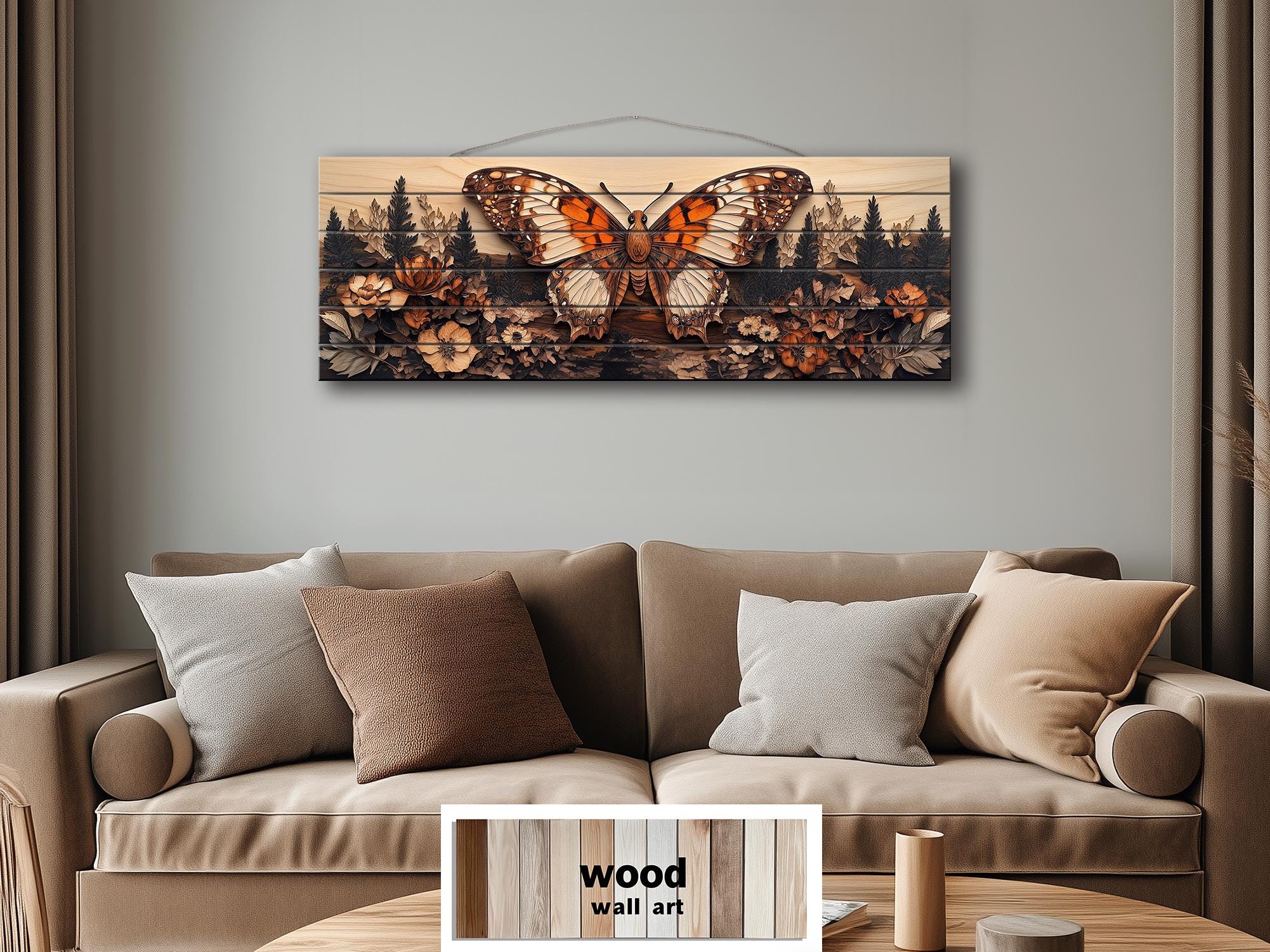 Butterfly and Distressed Rustic Wood Wall Art - Long Horizontal Print for Cabin Cottagecore Decor