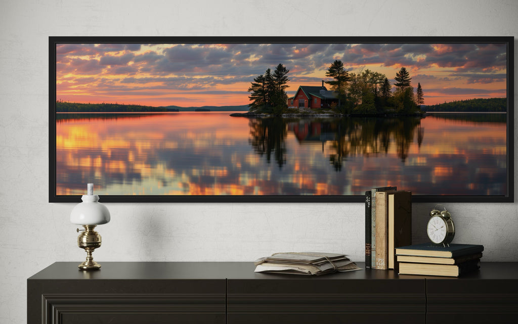 Cabin in The Lake Landscape At Sunset Long Horizontal Framed Canvas Wall Art