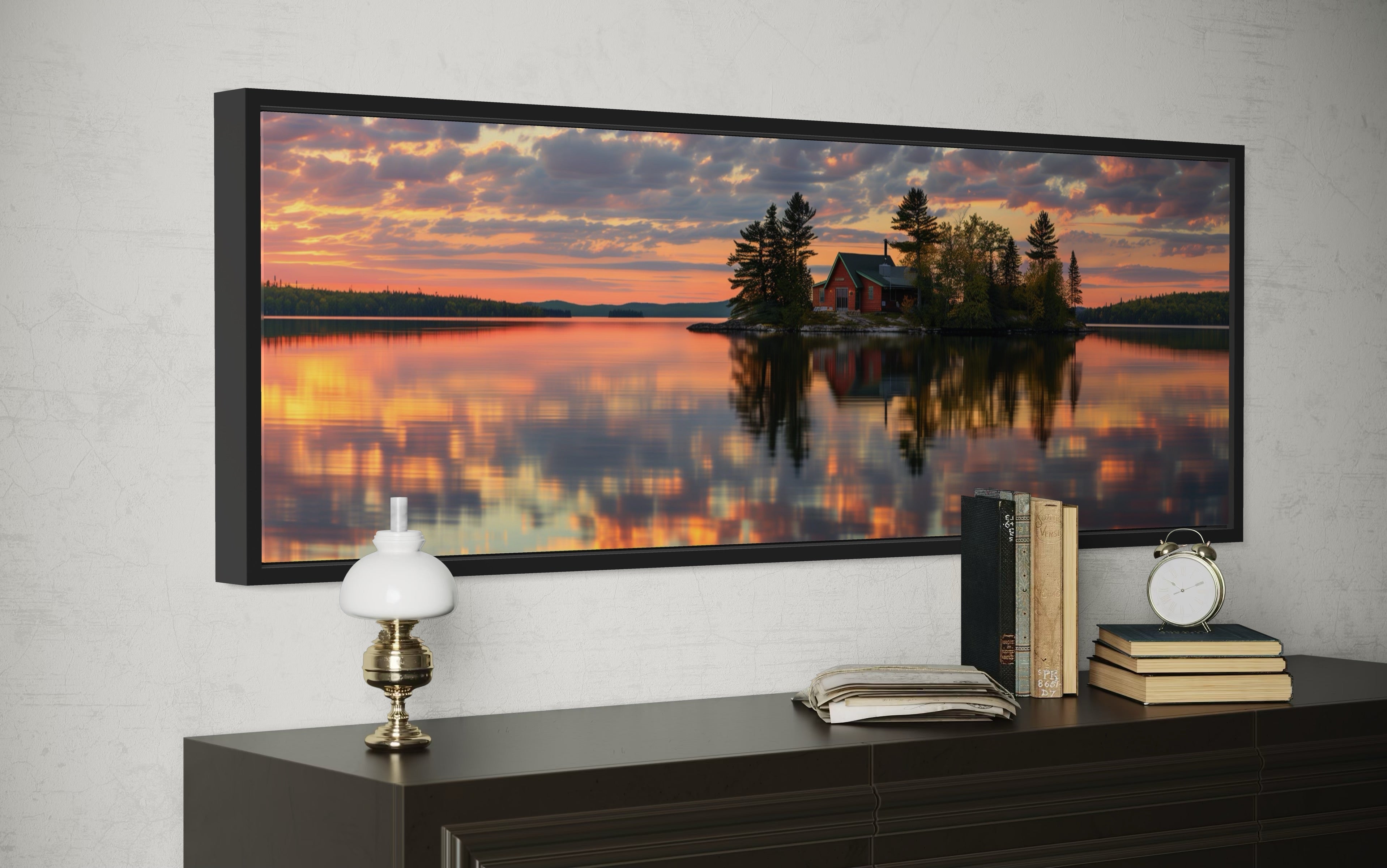 Cabin in The Lake Landscape At Sunset Long Horizontal Framed Canvas Wall Art
