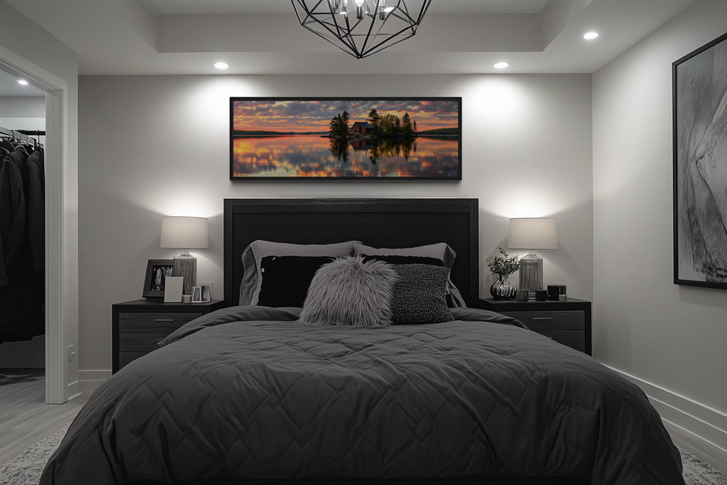 Cabin in The Lake Landscape At Sunset Long Horizontal Framed Canvas Wall Art