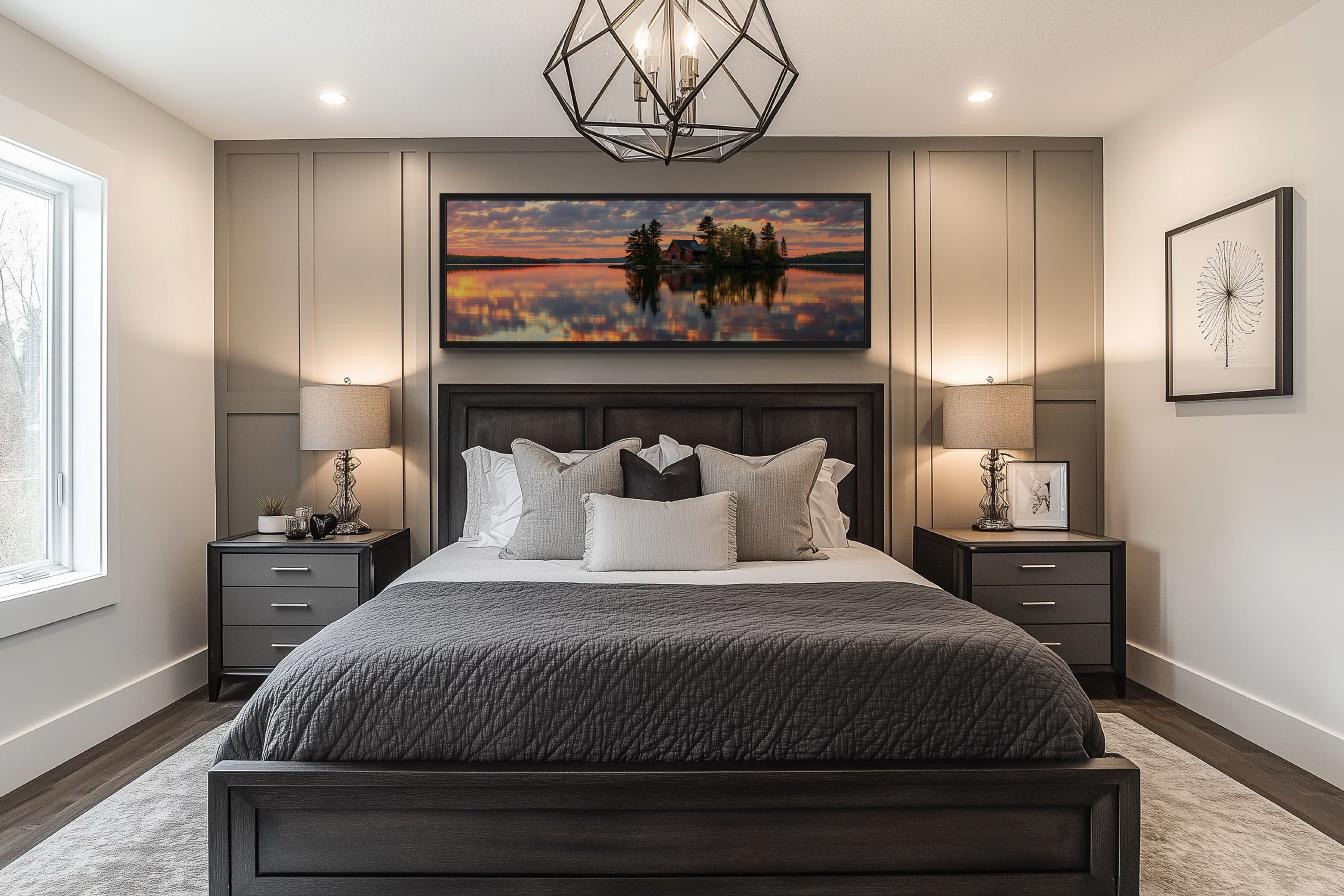 Cabin in The Lake Landscape At Sunset Long Horizontal Framed Canvas Wall Art