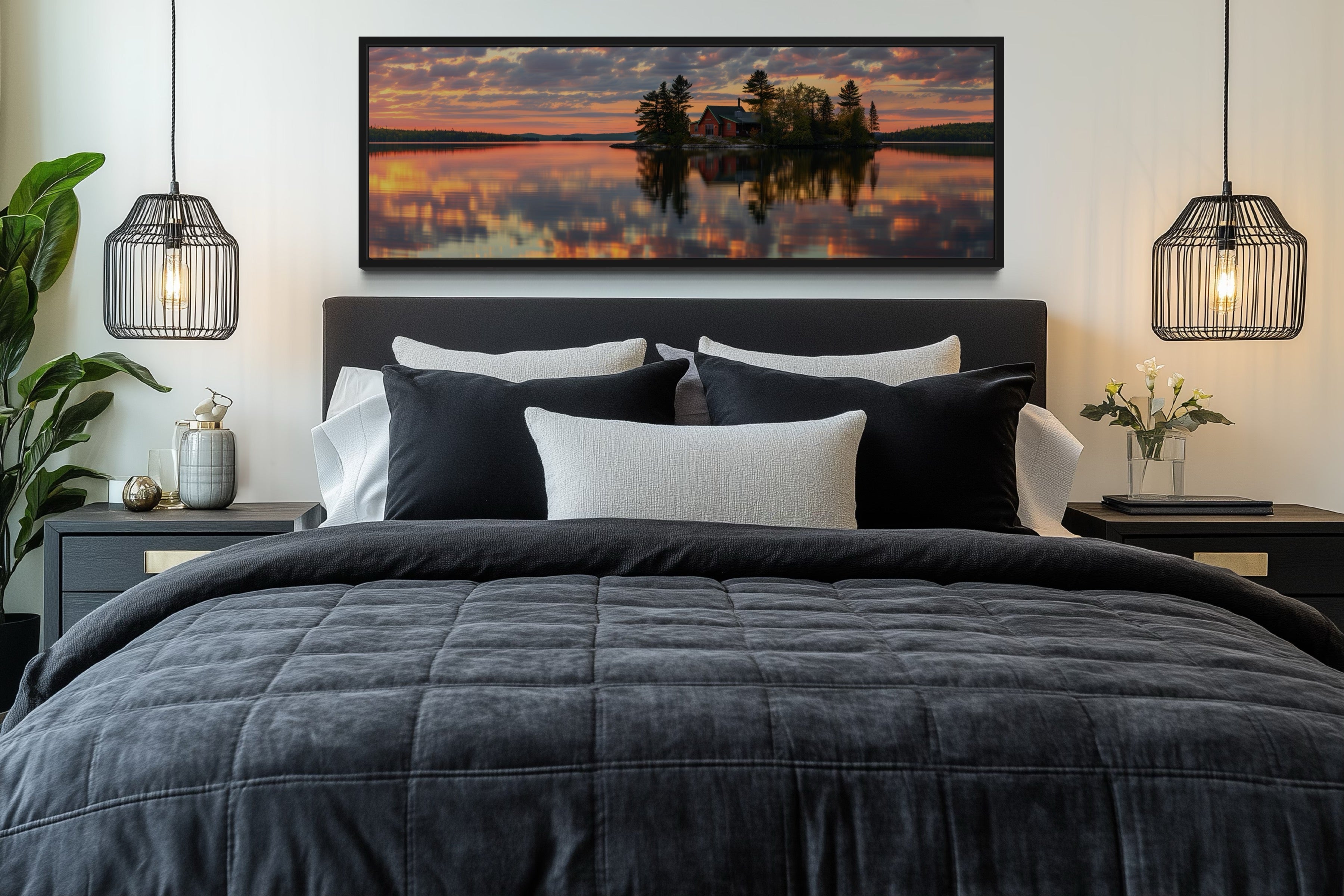 Cabin in The Lake Landscape At Sunset Long Horizontal Framed Canvas Wall Art