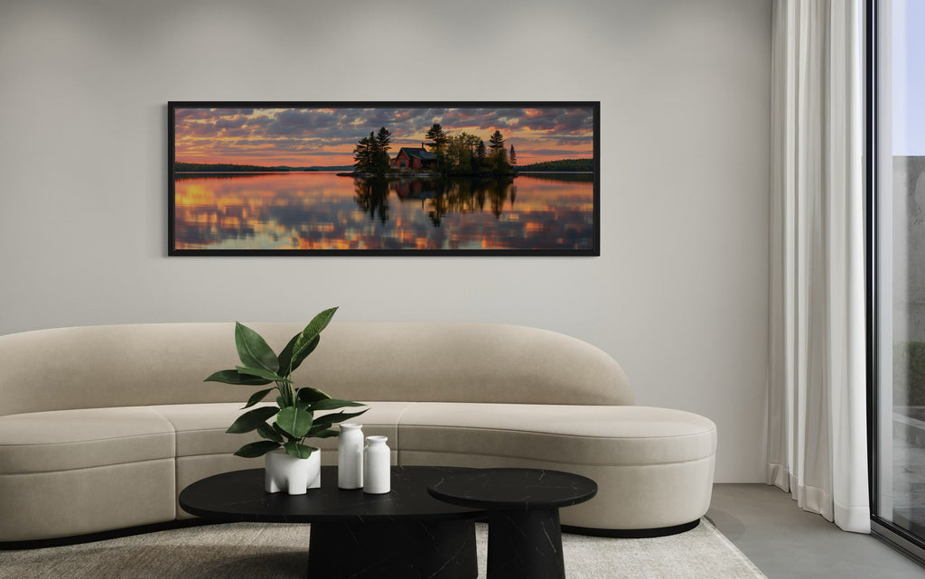 Cabin in The Lake Landscape At Sunset Long Horizontal Framed Canvas Wall Art