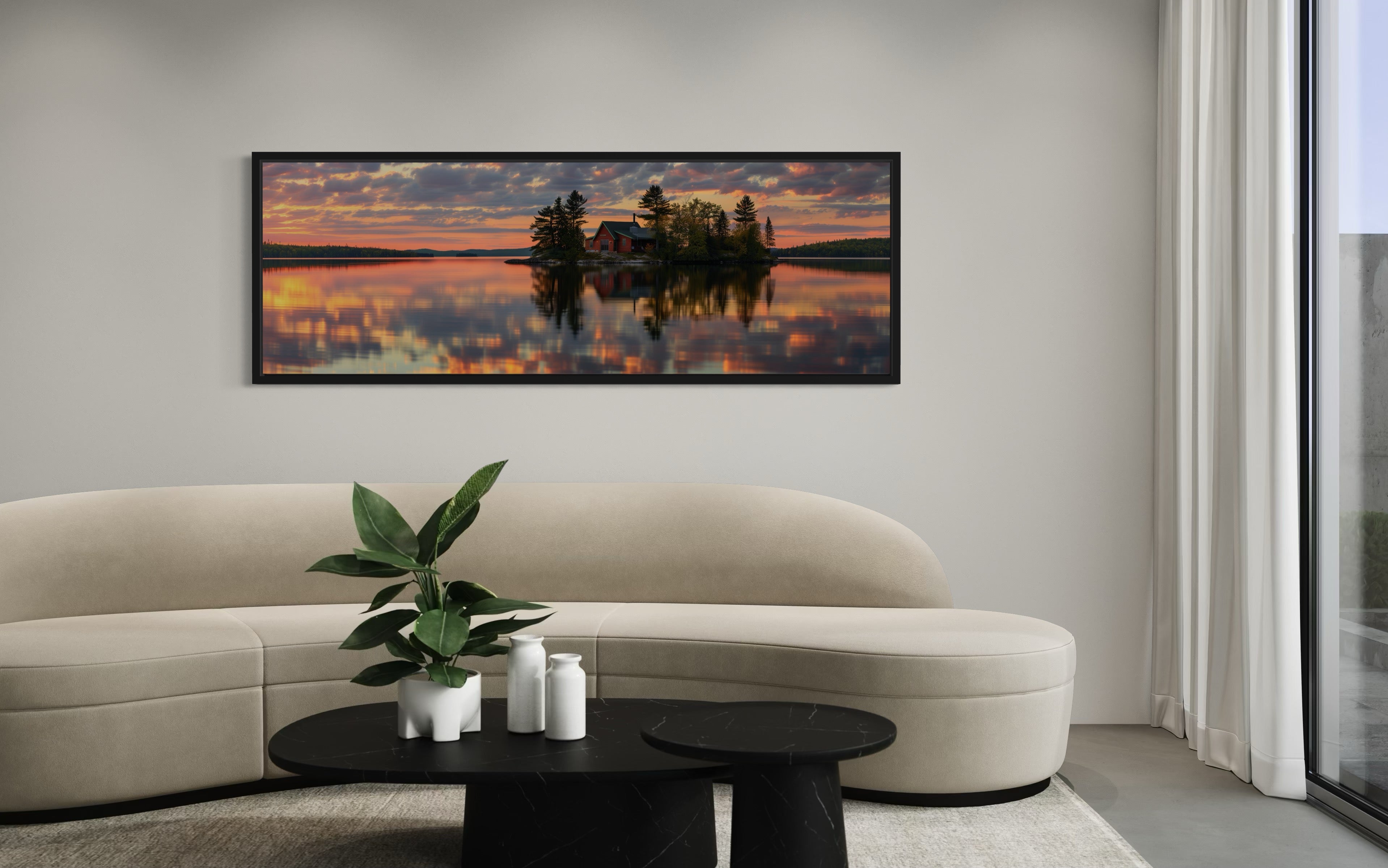 Cabin in The Lake Landscape At Sunset Long Horizontal Framed Canvas Wall Art