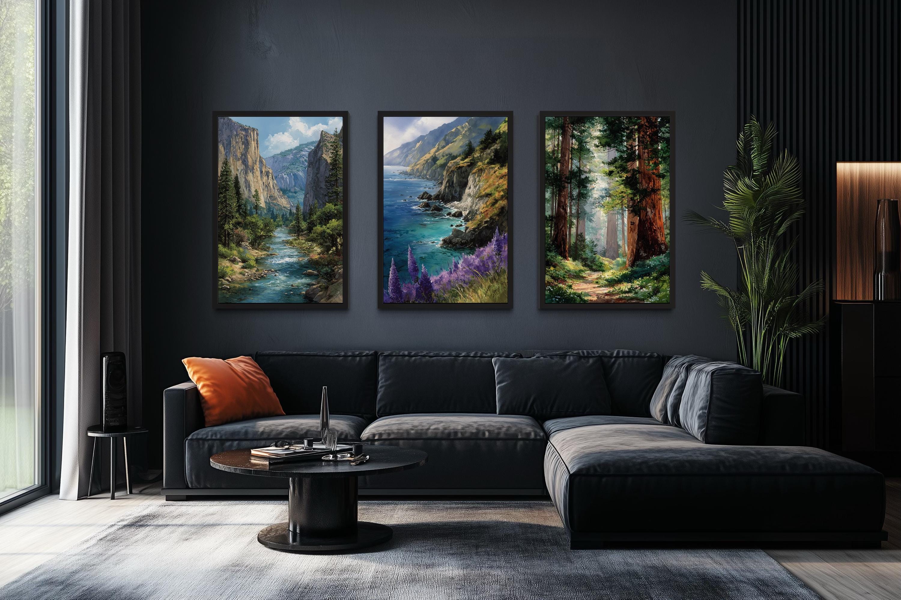 California Landscape Wall Art Set of 3, Yosemite, Big Sur, Redwood Forest