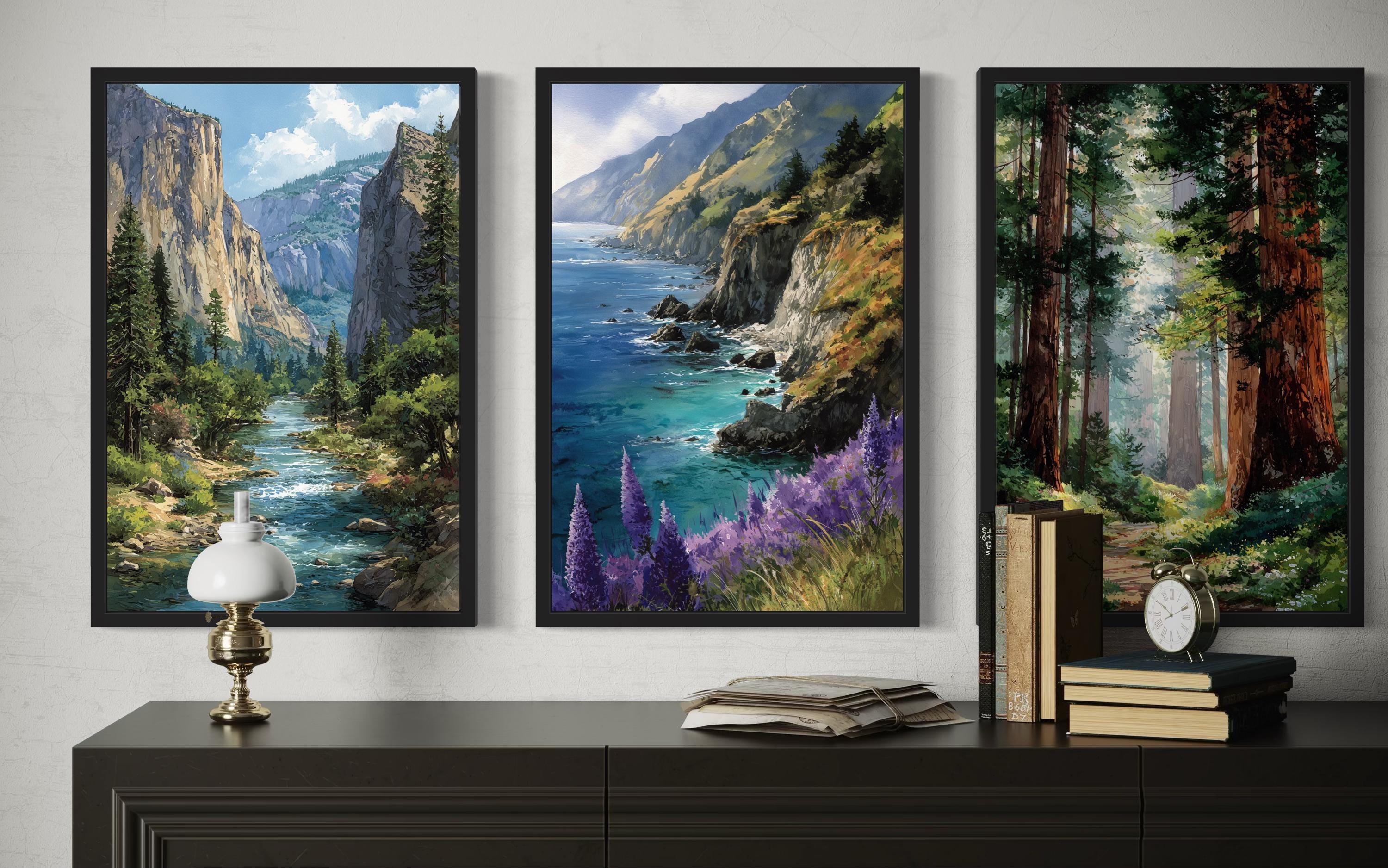 California Landscape Wall Art Set of 3, Yosemite, Big Sur, Redwood Forest