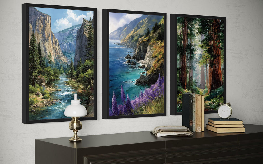 California Landscape Wall Art Set of 3, Yosemite, Big Sur, Redwood Forest