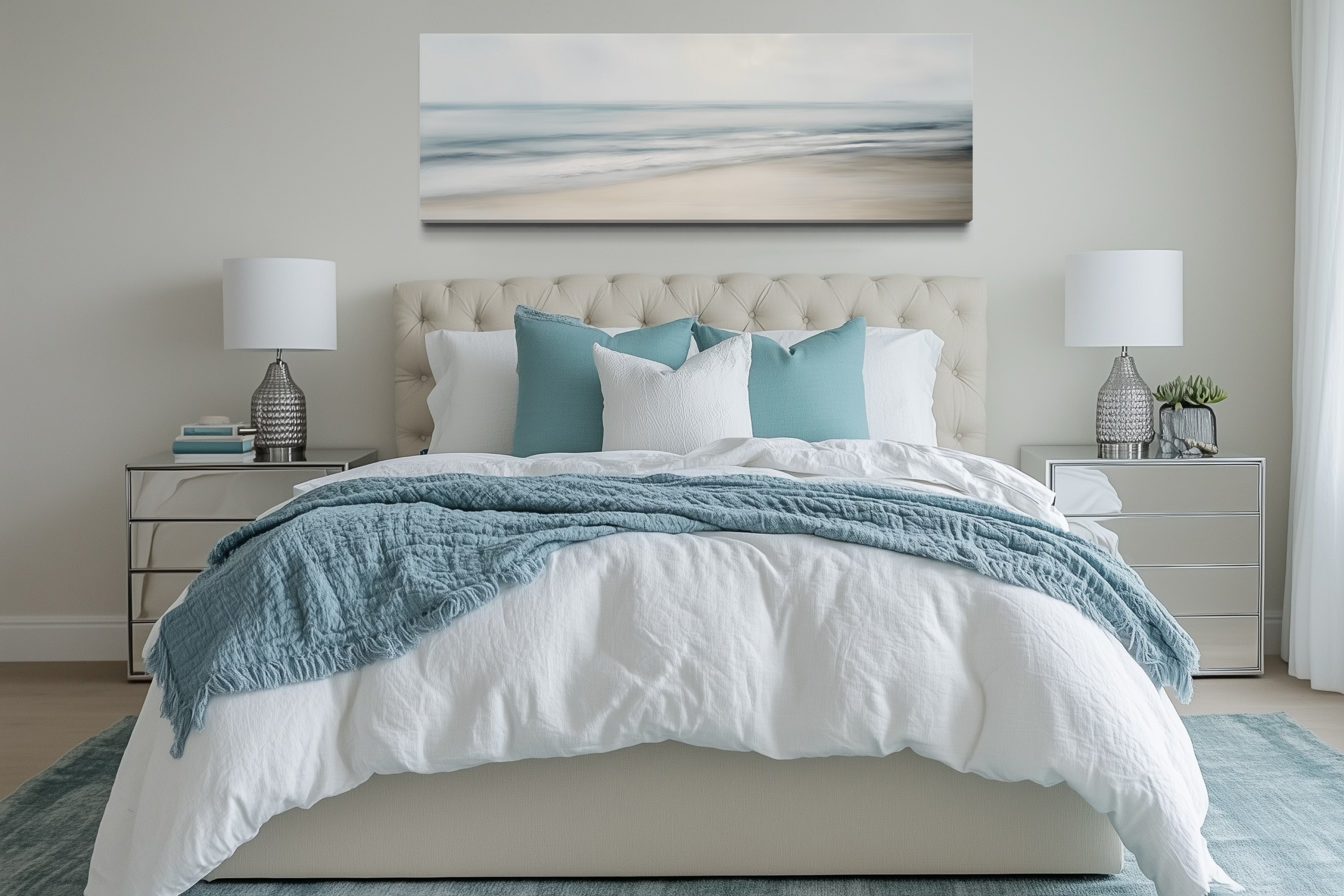 Calm Long Horizontal Ocean Above Bed Framed Canvas Wall Art