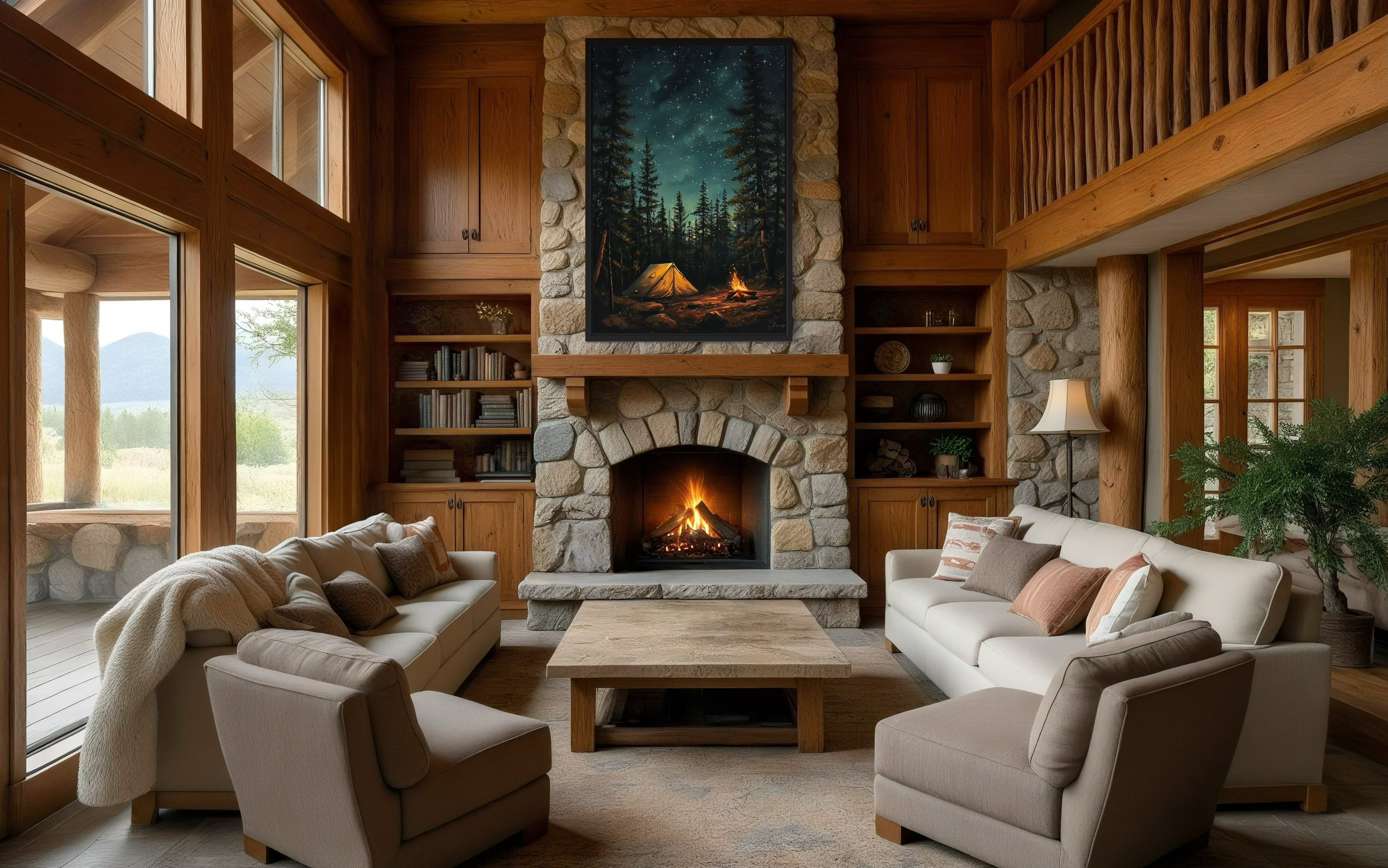 Campfire And Tent In Pine Tree Forest Camping Wall Art