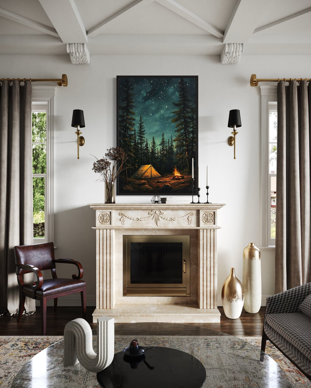 Campfire And Tent In Pine Tree Forest Camping Wall Art