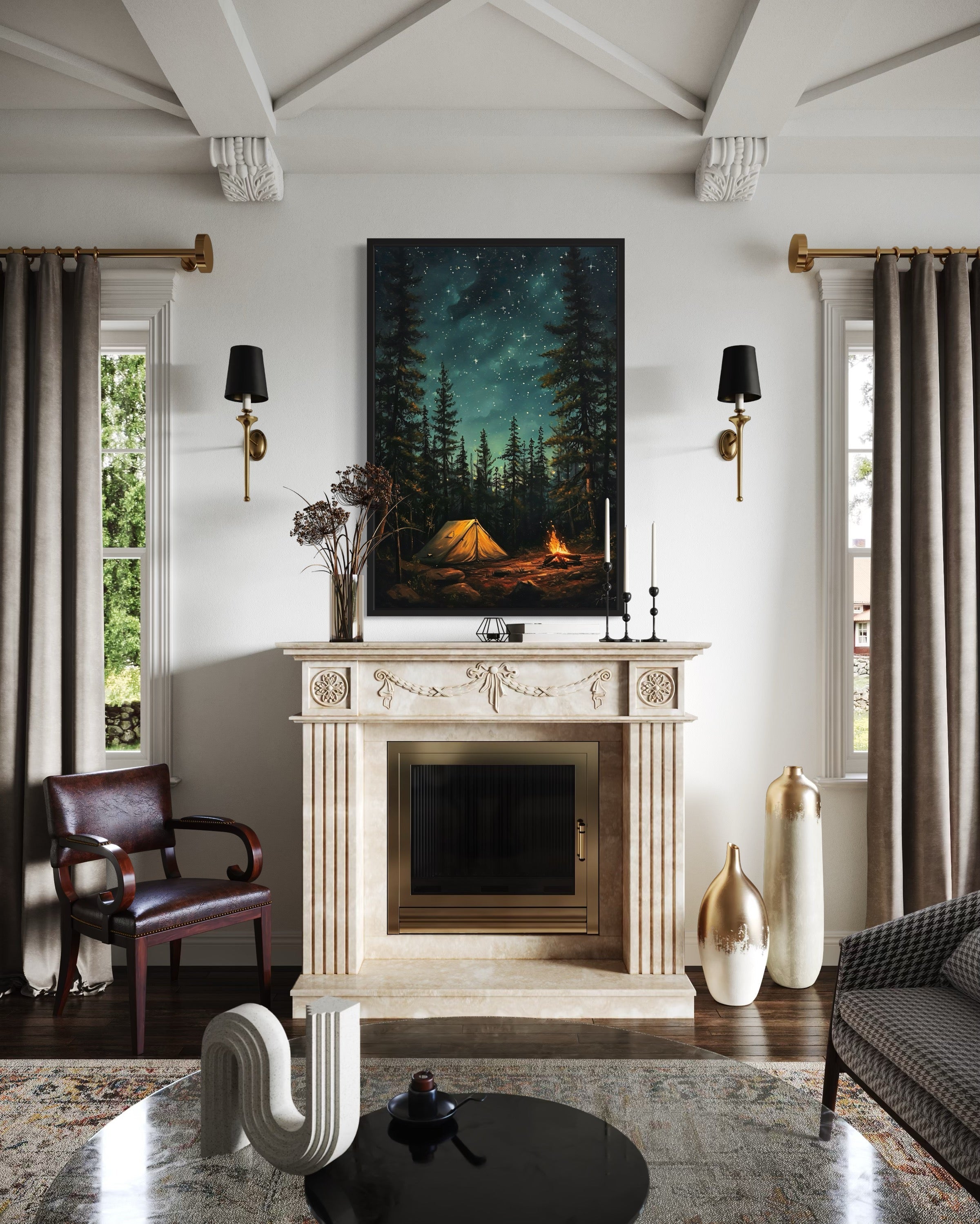 Campfire And Tent In Pine Tree Forest Camping Wall Art