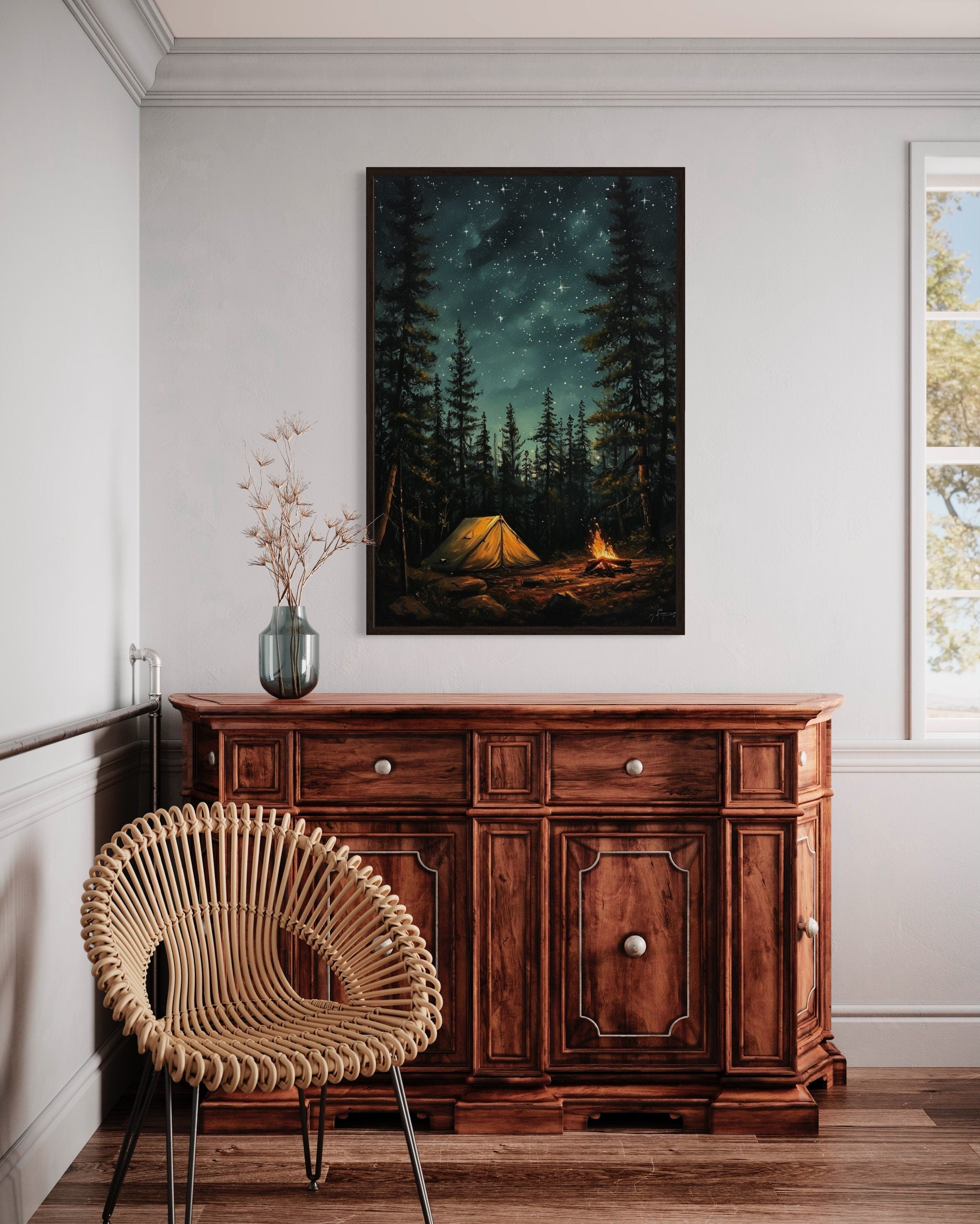 Campfire And Tent In Pine Tree Forest Camping Wall Art