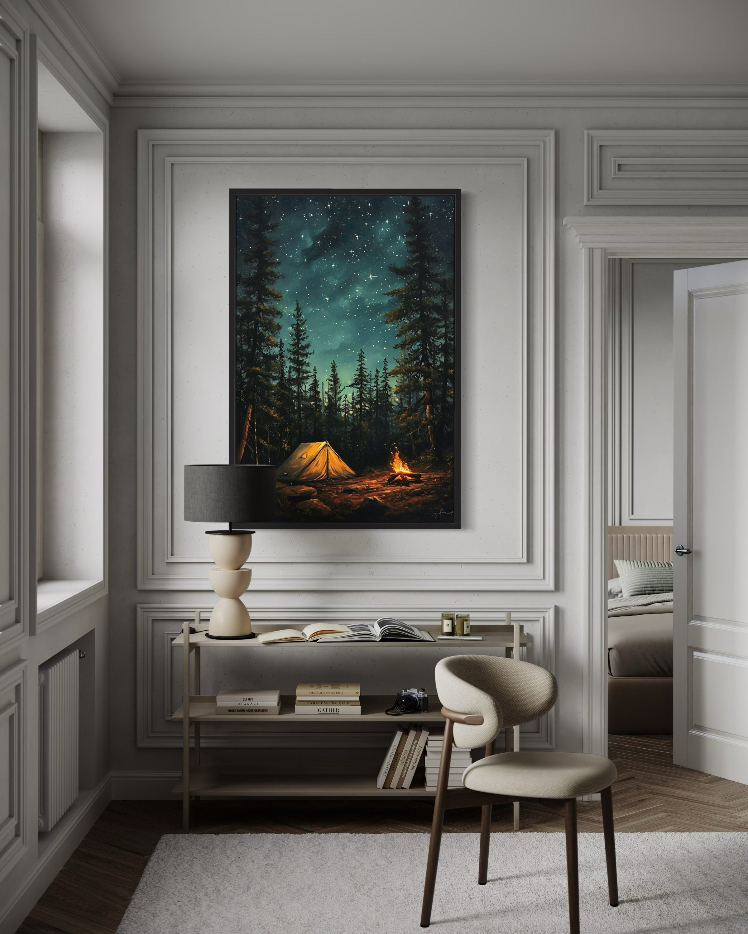 Campfire And Tent In Pine Tree Forest Camping Wall Art