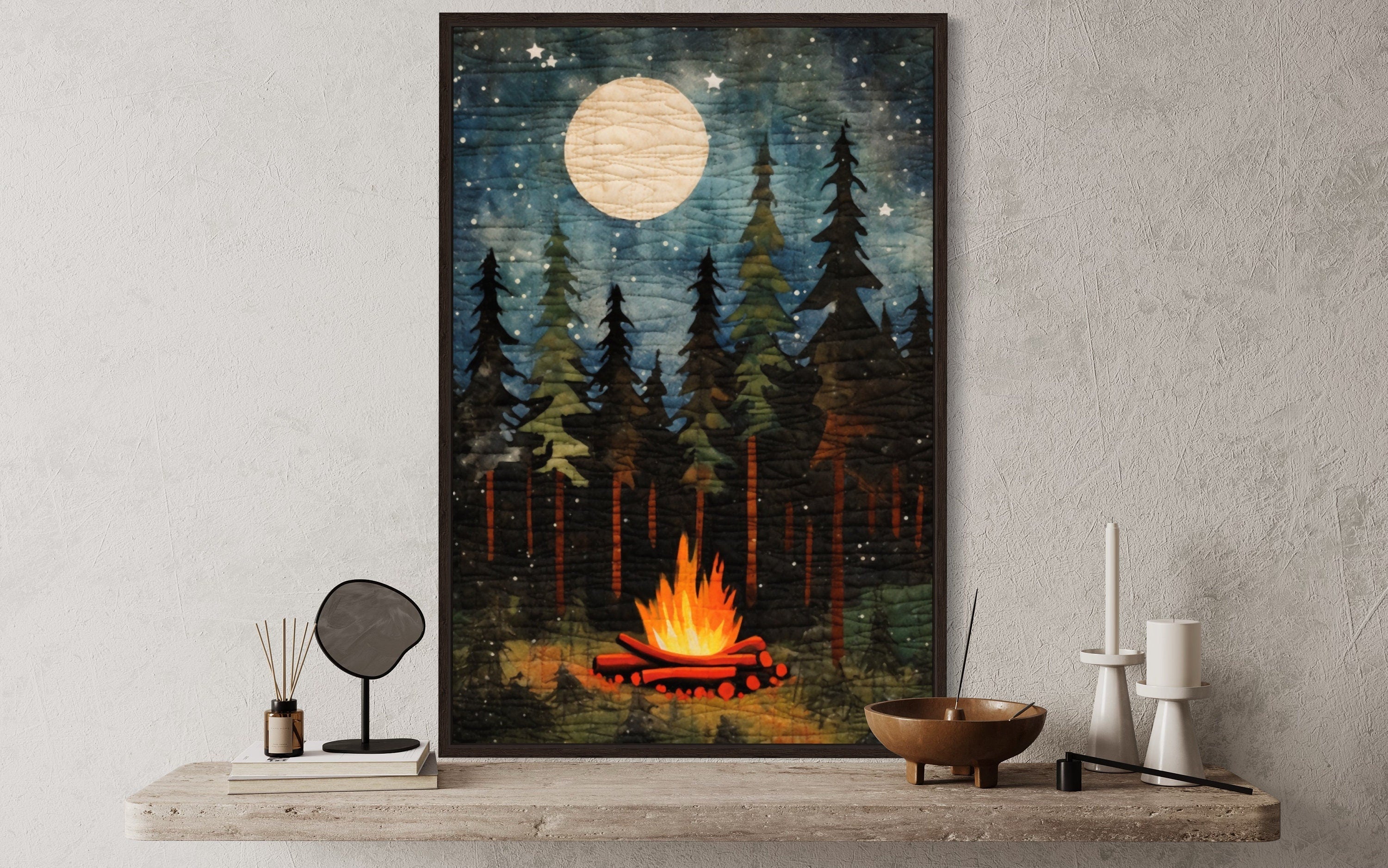 Campfire At Night, Cozy Cabin Over Mantel Framed Canvas Wall Art