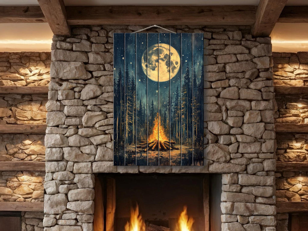 Campfire In The Woods Distressed Wood Wall Art