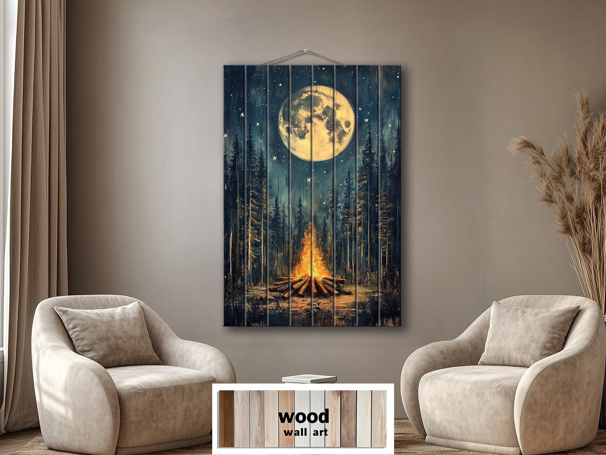 Campfire In The Woods Distressed Wood Wall Art