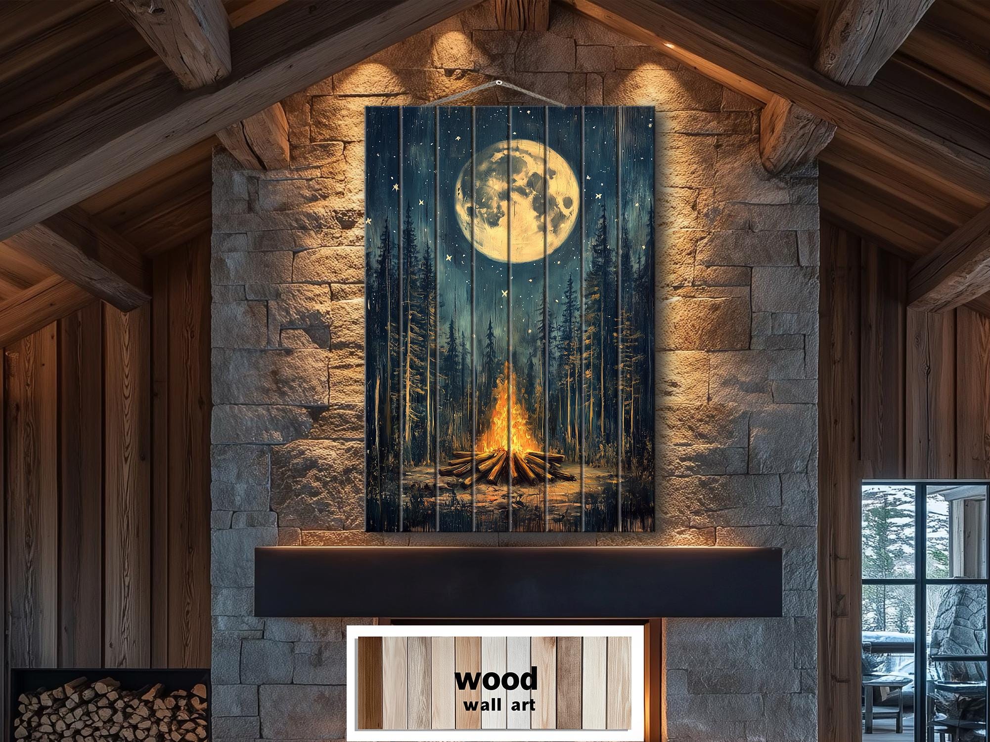 Campfire In The Woods Distressed Wood Wall Art