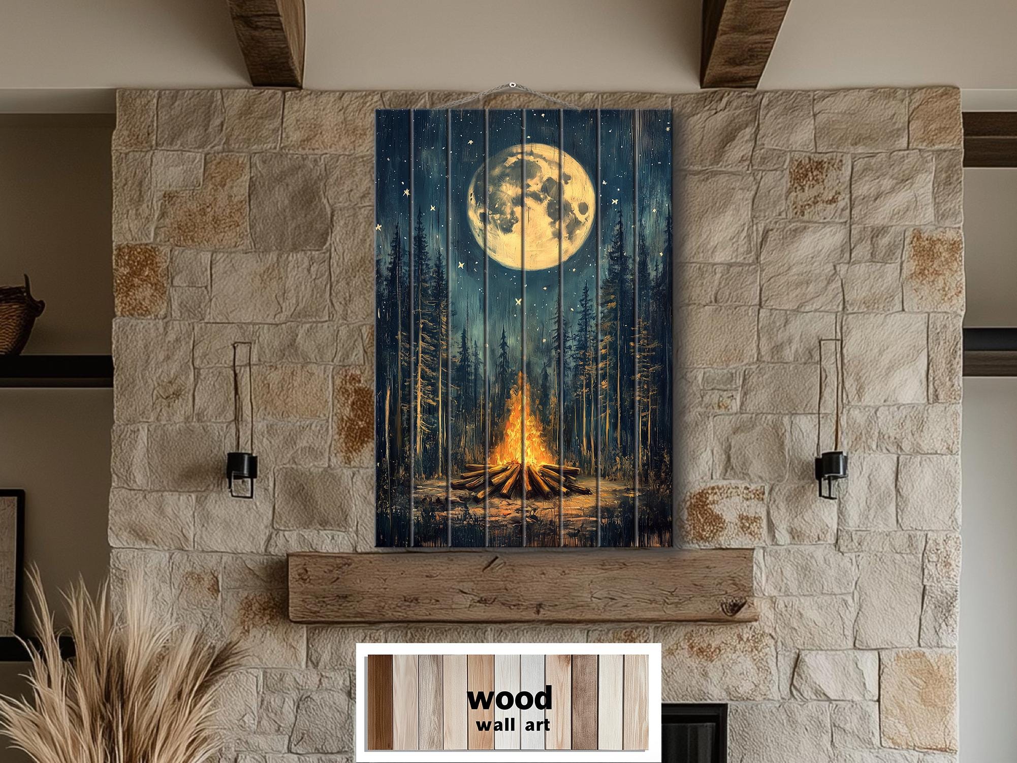 Campfire In The Woods Distressed Wood Wall Art