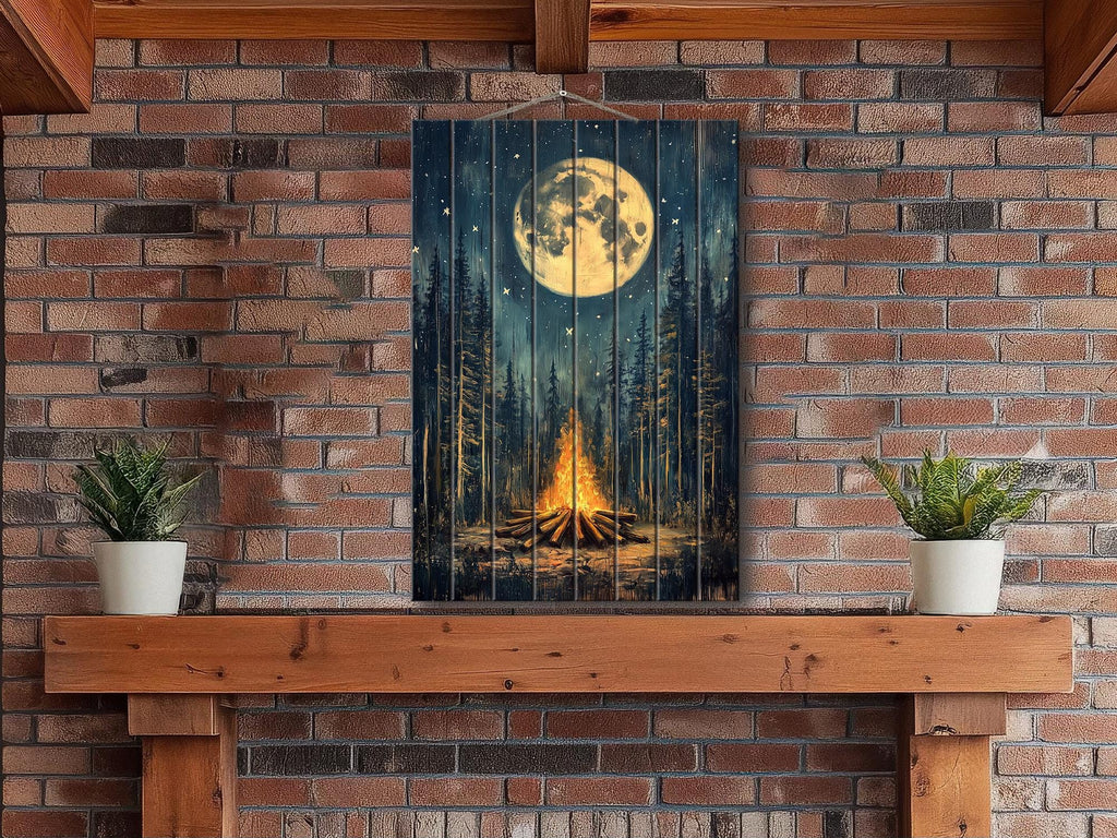 Campfire In The Woods Distressed Wood Wall Art