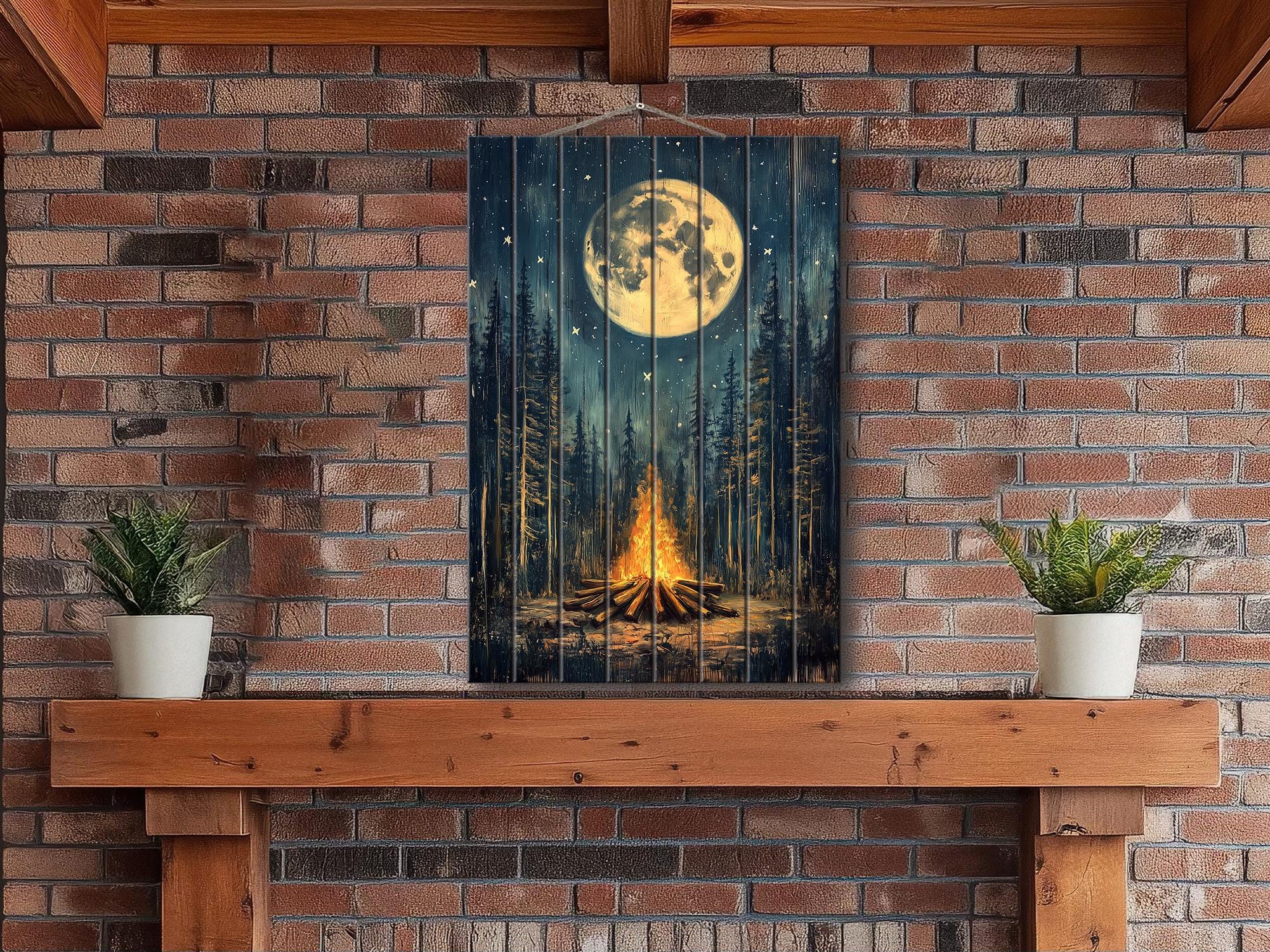 Campfire In The Woods Distressed Wood Wall Art