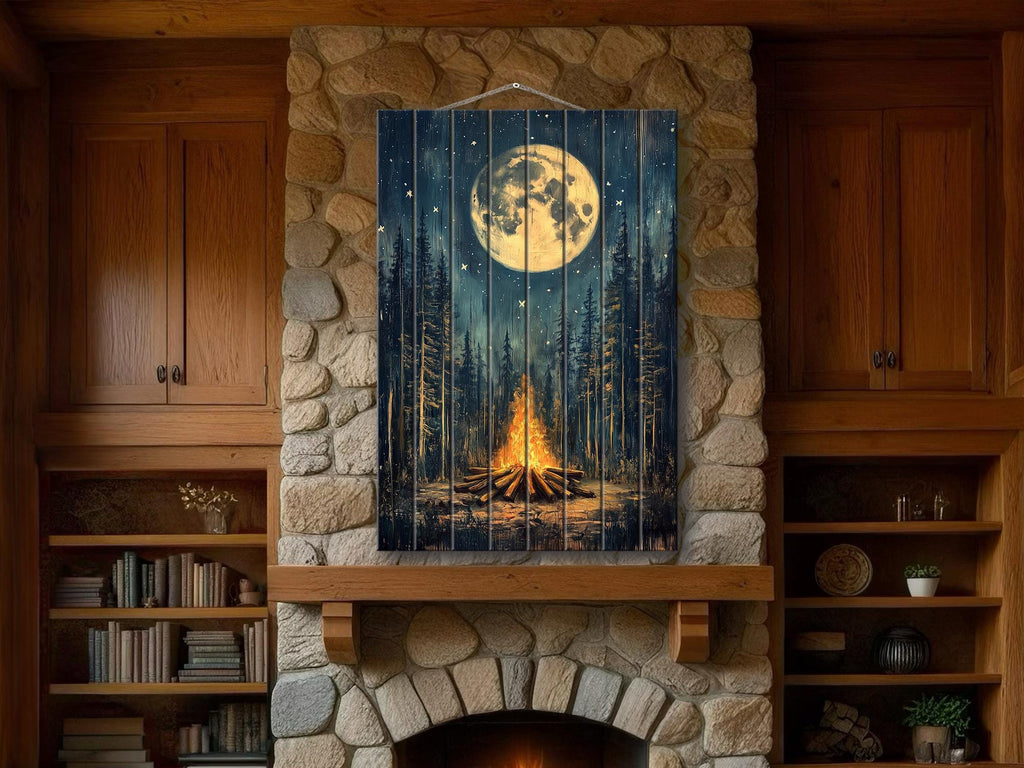Campfire In The Woods Distressed Wood Wall Art