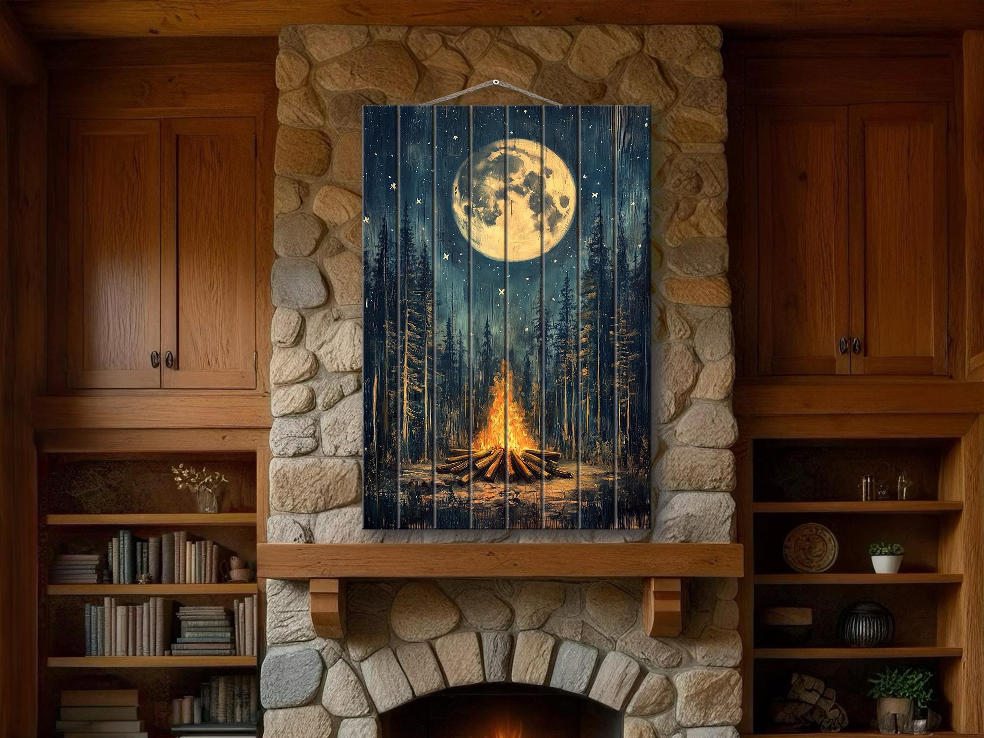 Campfire In The Woods Distressed Wood Wall Art