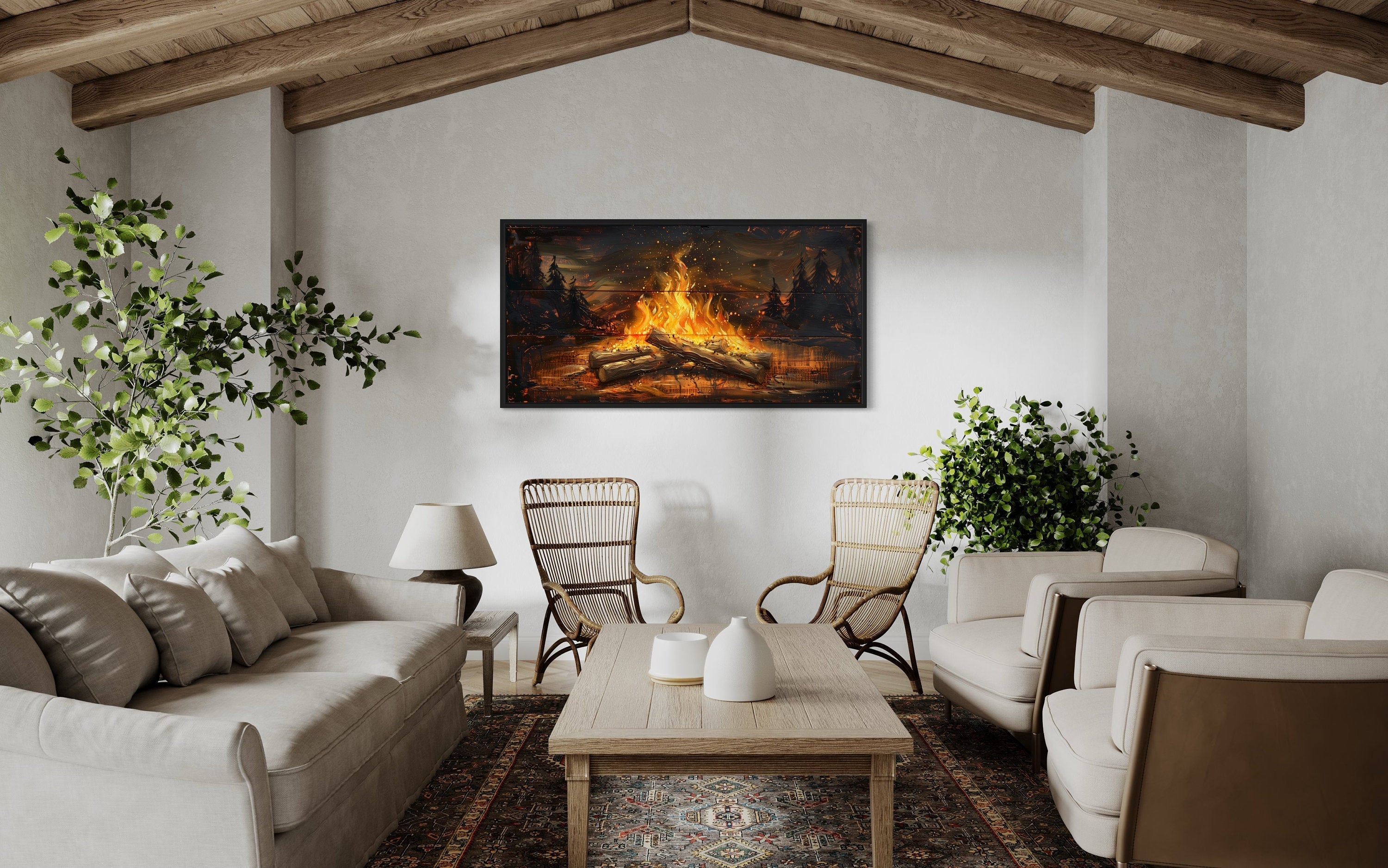 Campfire Wall Art - Rustic Cabin Decor On Distressed Wood For Lodge Style