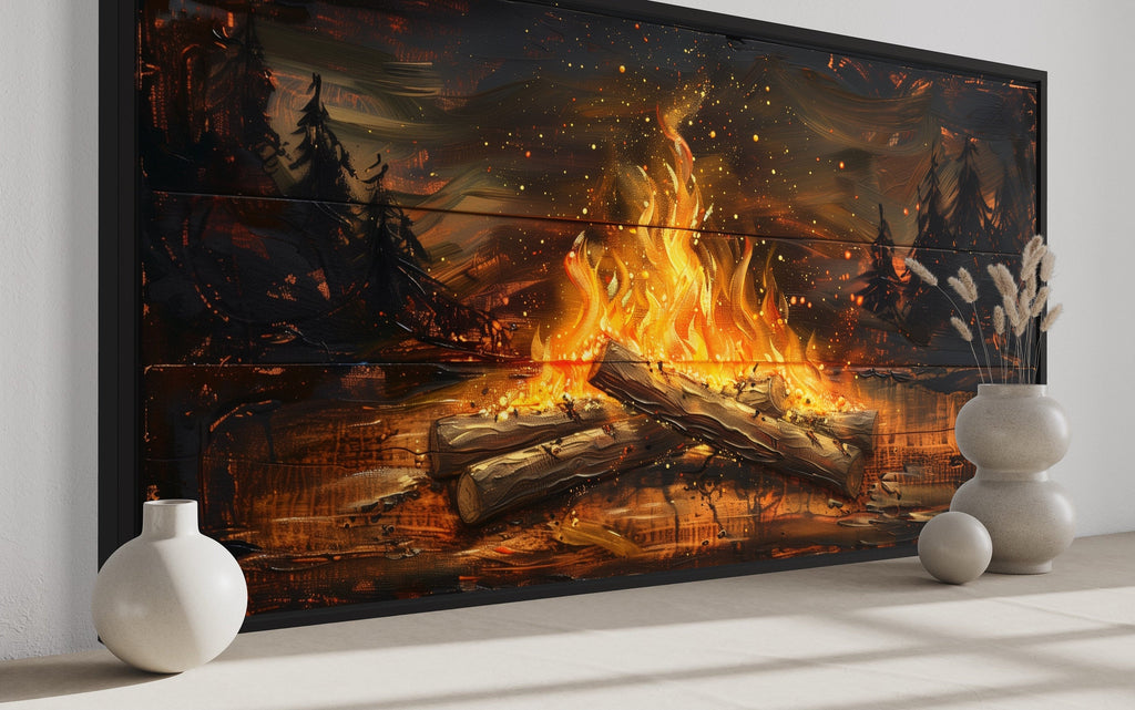 Campfire Wall Art - Rustic Cabin Decor On Distressed Wood For Lodge Style