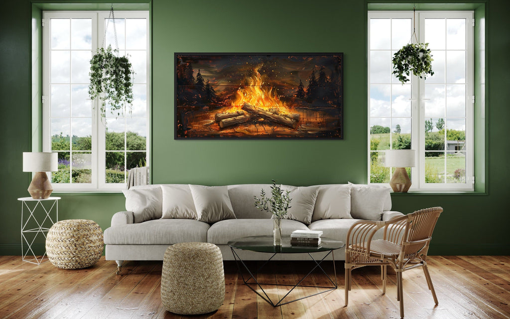 Campfire Wall Art - Rustic Cabin Decor On Distressed Wood For Lodge Style